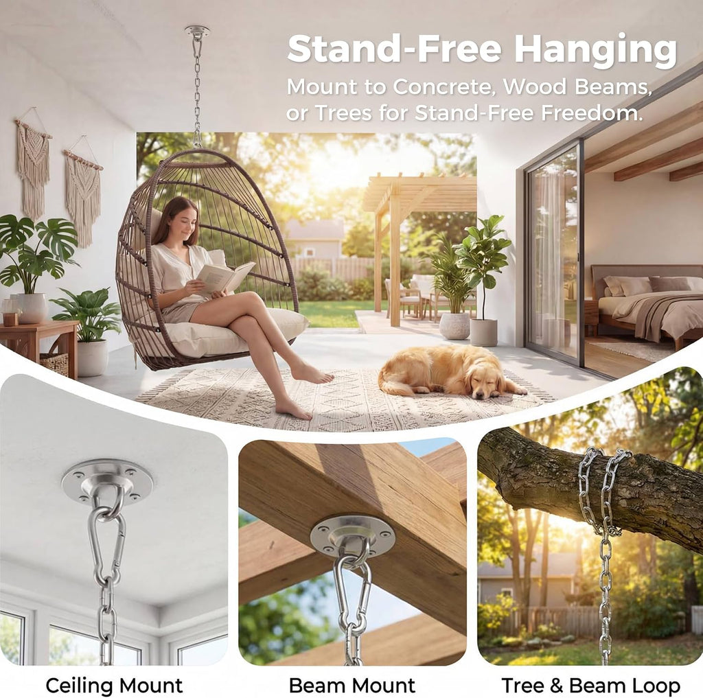 NICESOUL Egg Chair Without Stand Outdoor Indoor, Patio Wicker Swing Hanging Egg Basket Chairs No Stand, All Weather 350lbs Capacity Tree/Ceiling Chair for Outside Balcony Bedroom Xmas Gift, Brown