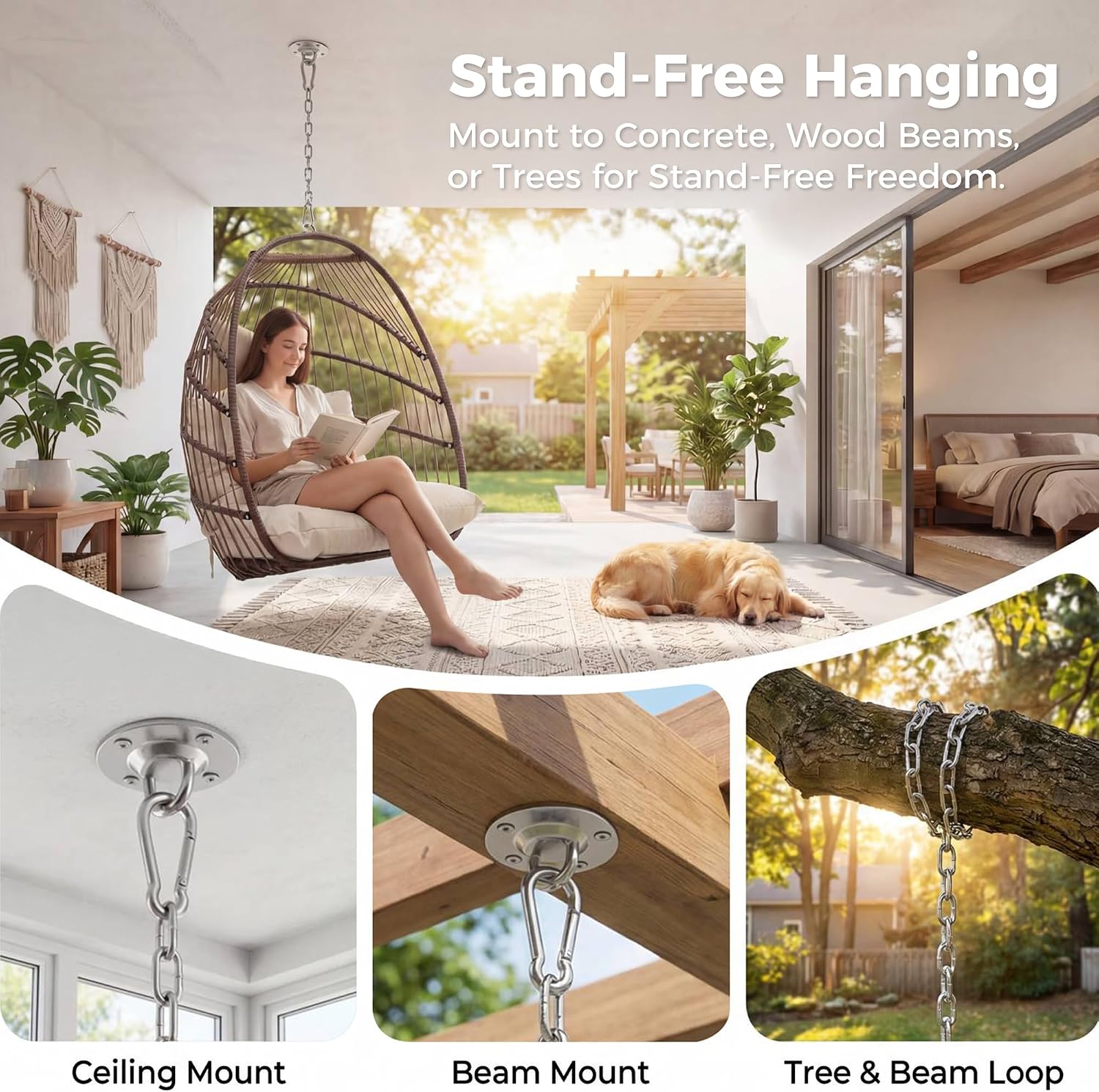 NICESOUL Egg Chair Without Stand Outdoor Indoor, Patio Wicker Swing Hanging Egg Basket Chairs No Stand, All Weather 350lbs Capacity Tree/Ceiling Chair for Outside Balcony Bedroom Xmas Gift, Brown