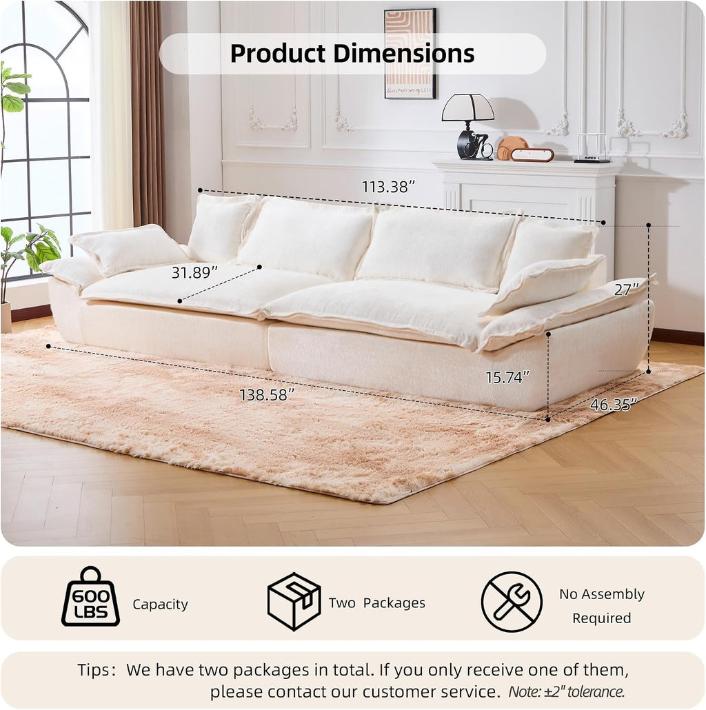 138' Modular Cloud Couch, Sectional Couch with Deep Seats, Wide Armrests and Multiple Pillows, Boneless Couches Sofas Loveseat for Bedroom/Living Room/Apartment/Office (White, Left)