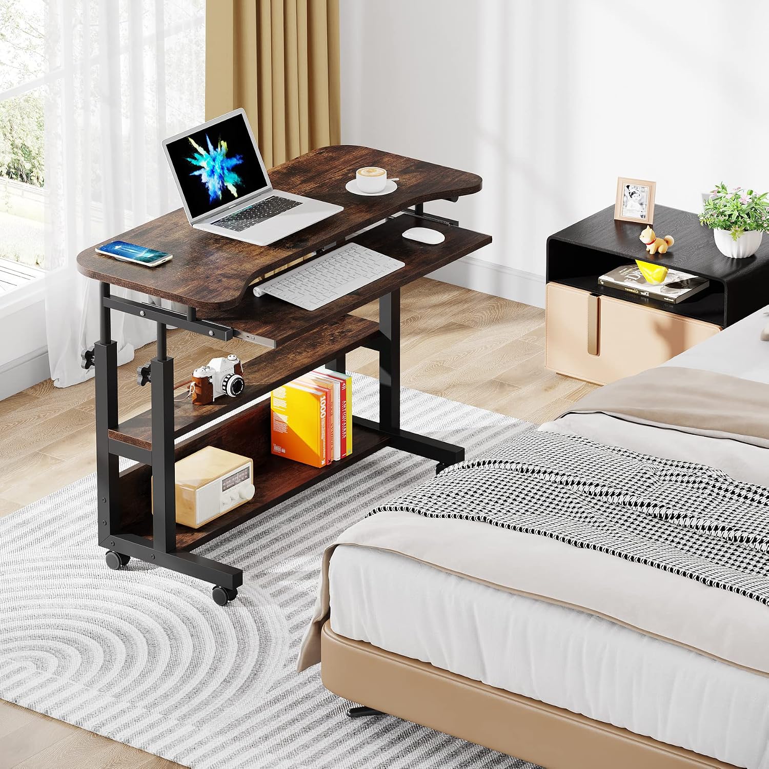 Tribesigns Portable Desk with Power Outlets, Height Adjustable Side Table Sofa Couch Bedside Laptop Computer Cart with USB Charging Ports, Mobile Small Standing Desk with Keyboard Tray