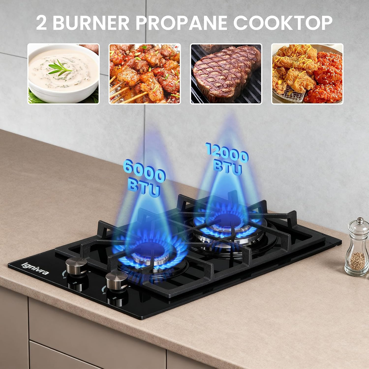 Gas Cooktop 2 Burner,12000W Built-in Gas Stove, Black Crystal Tempered Glass Propane Cooktop, 20.08x12.2' Top Propane Stove Indoor LPG/NG Dual Fuel Hob for Apartment Kitchen RV