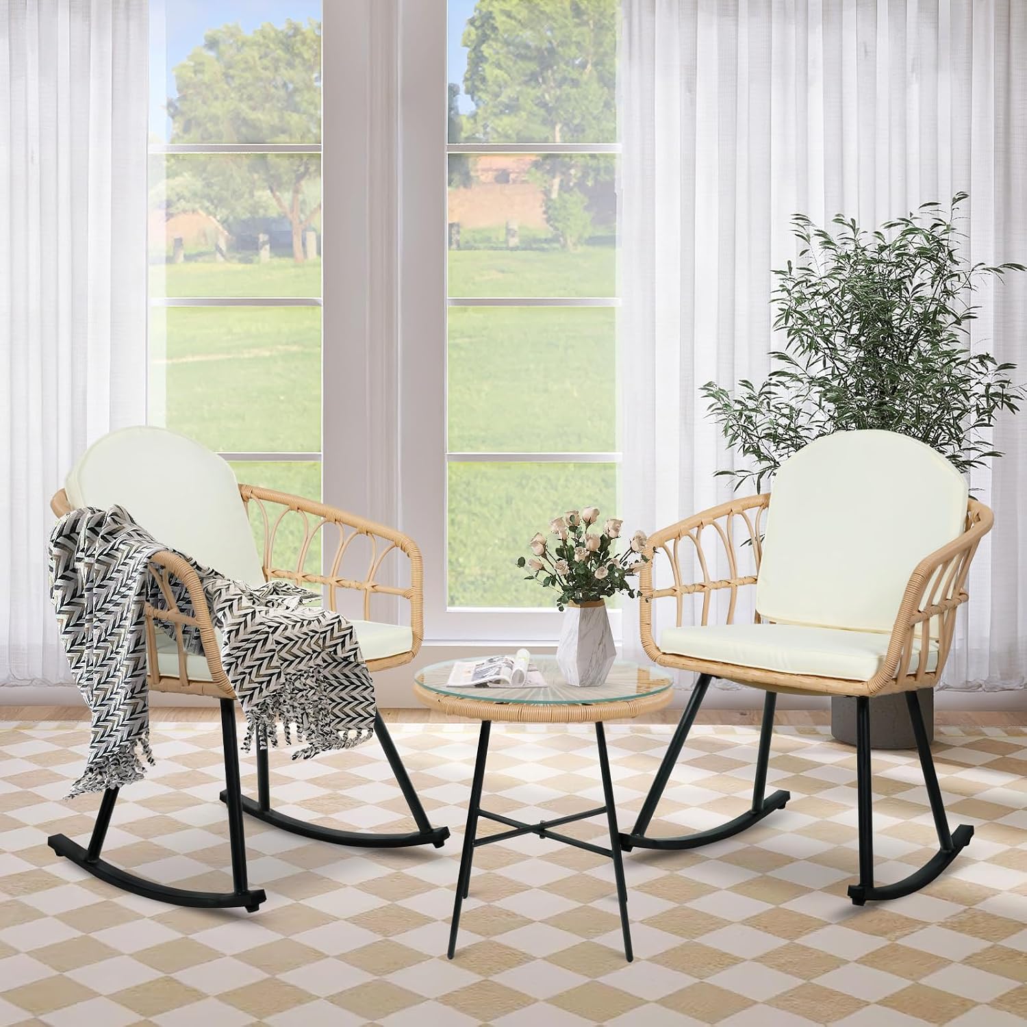 Vikiullf 3 Pieces Rocking Chairs Set - Outdoor Wicker Rattan Rocking Chairs with Thickened Cushions, Boho Patio Furniture, Patio Conversation Bistro Sets, for Balcony Garden Porch Living Room