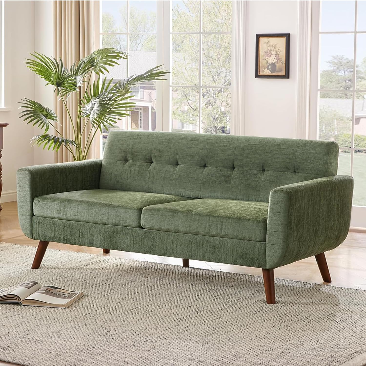 Tbfit 77.2' W Linen Sofa Couch, Mid Century Modern Decor Loveseat Couches for Living Room, Button Tufted Upholstered Small Couch for Bedroom, Solid, and Easy to Install Love Seats Furniture, Green