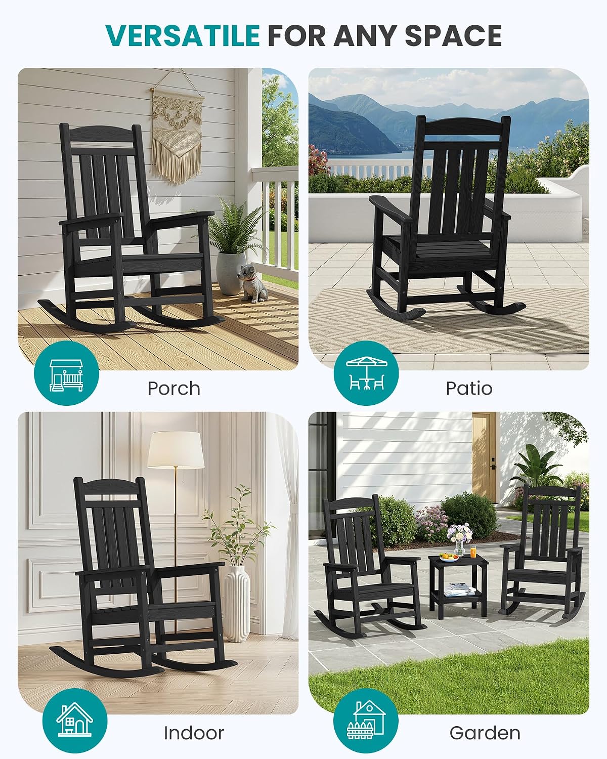 SERWALL Oversized Outdoor Rocking Chair, All-Weather Patio Rocking Chair, HDPE Porch Rocker for Adults, Black