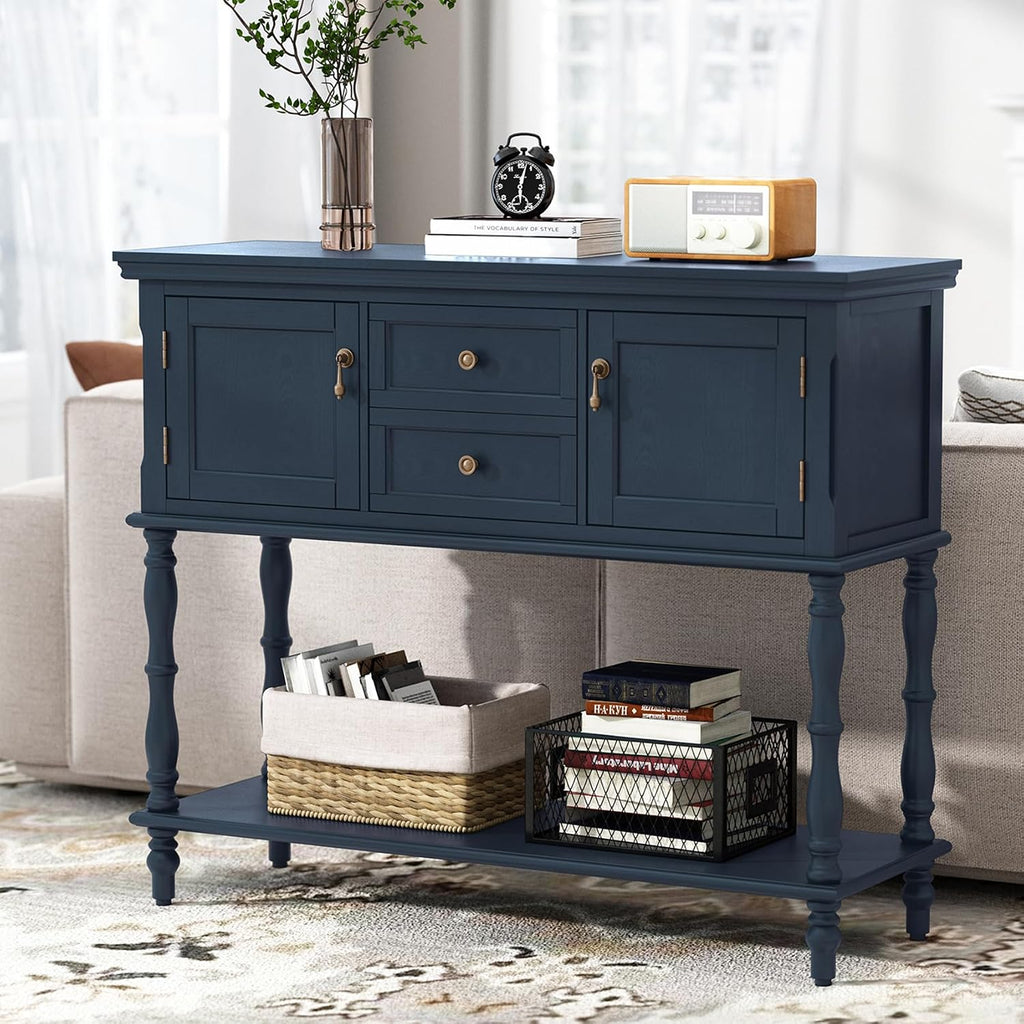 ARTPOWER Console Table with 2 Drawers, Retro Entryway Table with 2 Door Cabinets and Open Storage Shelf, Narrow Long Behind Couch Sofa Table for Living Room, Foyer, Hallway, Blue