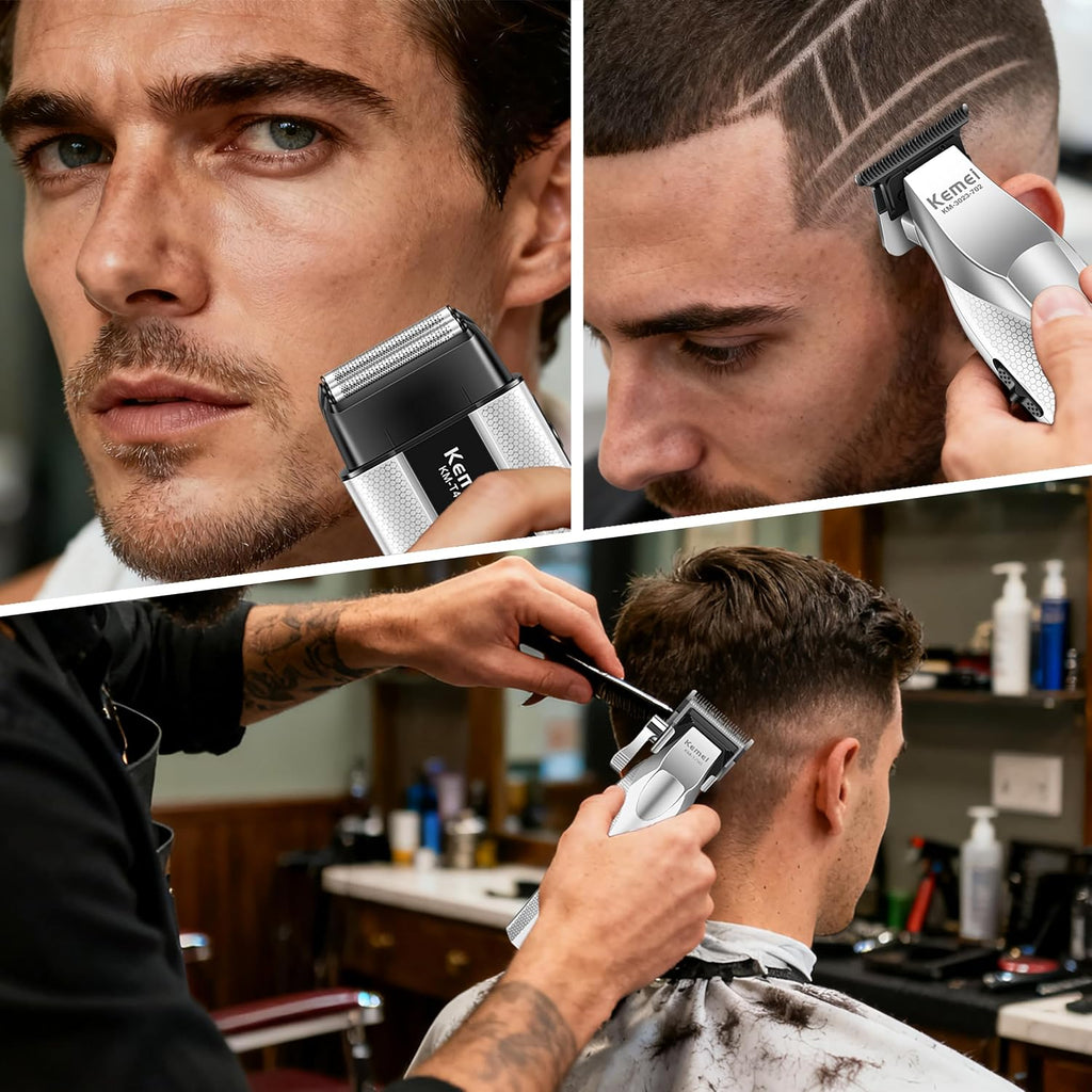 KEMEI Professional Hair Clippers for Men, Cordless Barber Clippers and Trimmers Set with Full Metal Body, Electric Foil Shavers with LED Display & Travel Case, KM-3023-702, KM-1798, KM-T402