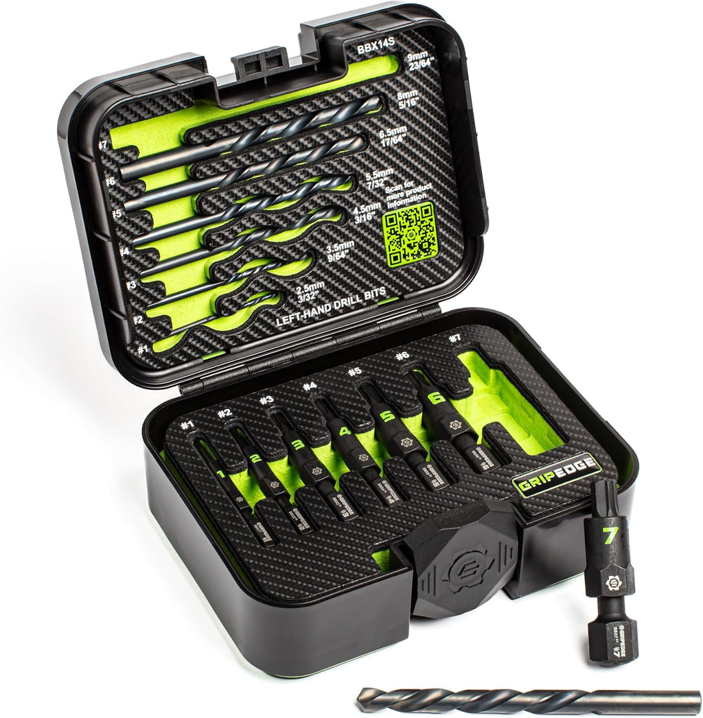 GRIPEDGE Tools | 14PC G-FORS Extractor Set | Sizes #1 - #7 | Left Hand Drill Bits Included | Removes Broken Studs, Stripped Bolts/Screws | Includes Premium Plastic Case with Foam Insert |
