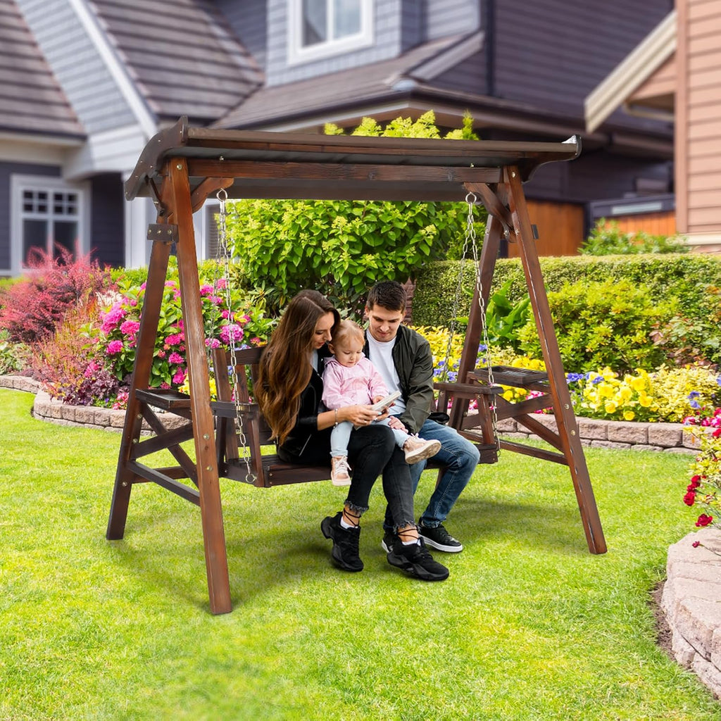 VINGLI Porch Swing with Stand, Porch Swing with Canopy, Waterproof Patio Swing with Cup Holder, Outdoor Swing Set for Garden, Yard, Patio, Rustic