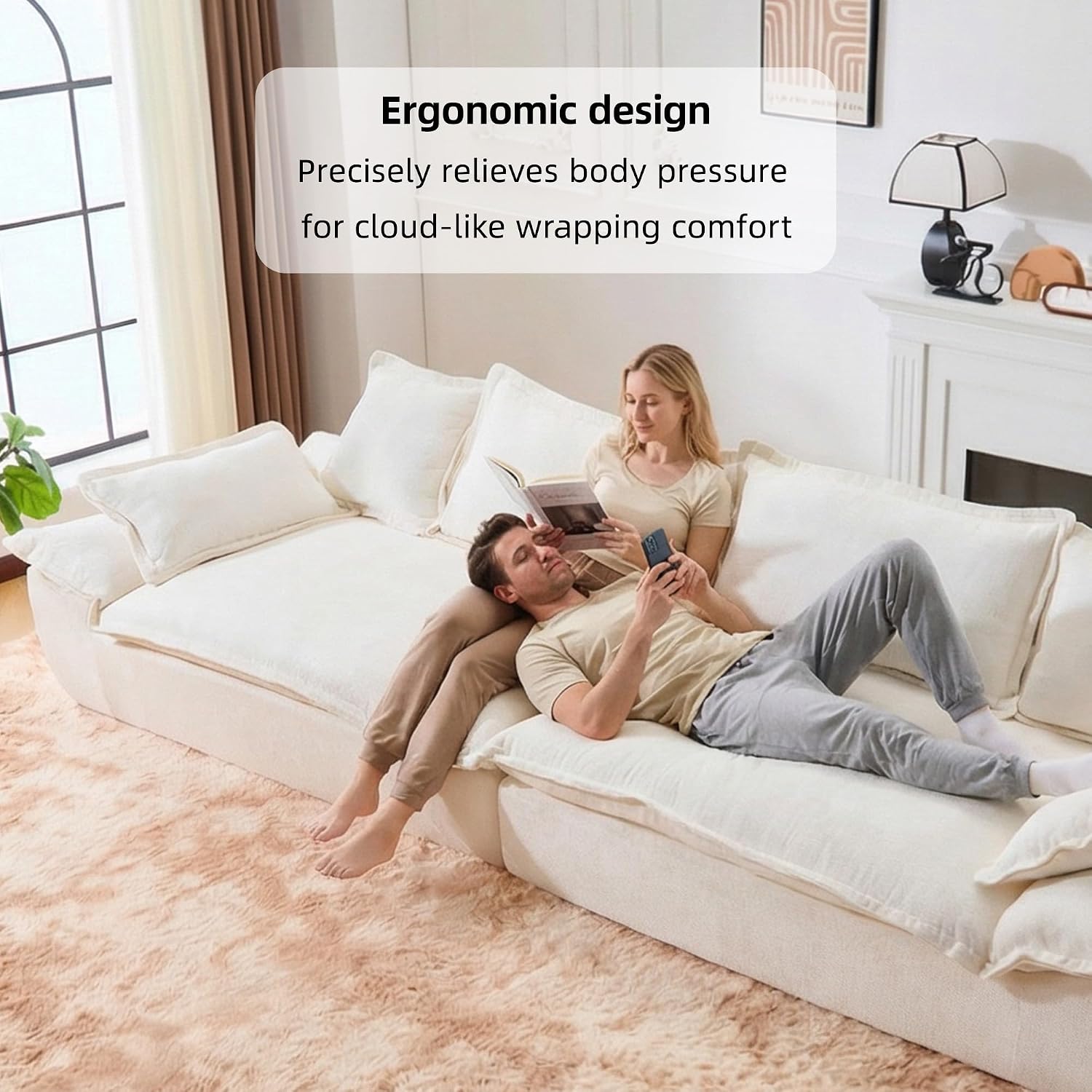 138' Modular Cloud Couch, Sectional Couch with Deep Seats, Wide Armrests and Multiple Pillows, Boneless Couches Sofas Loveseat for Bedroom/Living Room/Apartment/Office (White, Left)