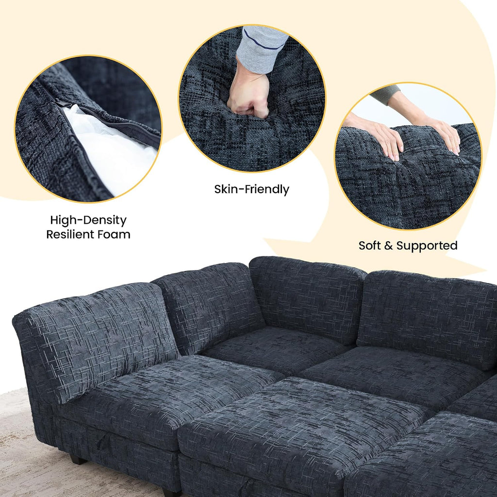 99' Modular Sectional Chenille Sofa bed with Hidden Storage, Comfy Modern 6 Seater Oversized Deep Seat Couch, Modular Sectional with Ottoman and Removable Cover for Living Room, Apartment, Black
