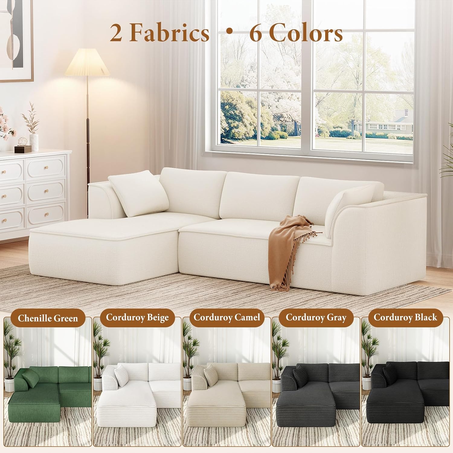Vesgantti 106' Cloud Couch Sectional Modular Sofa, Deep Seat Comfy Cloud Couch Chenille Memory Foam Sofa Modular Couches for Living Room Bedroom, No Assembly Required (Beige, Left-Facing Chaise)