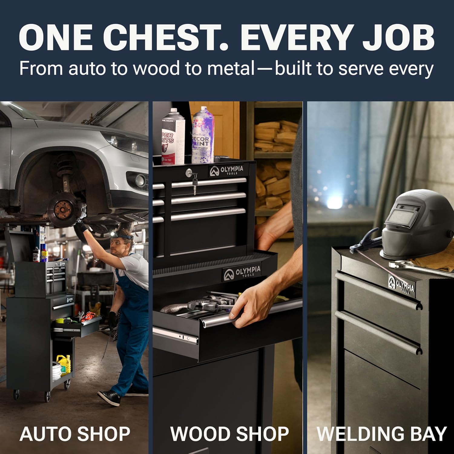 Olympia Tools Tool Chest Cabinet with Drawer - Tool Box with Ball Bearing Fully Extendable Drawers Garage Storage Tools & Equipment (26.5IN Combo Rolling Tool Chest)