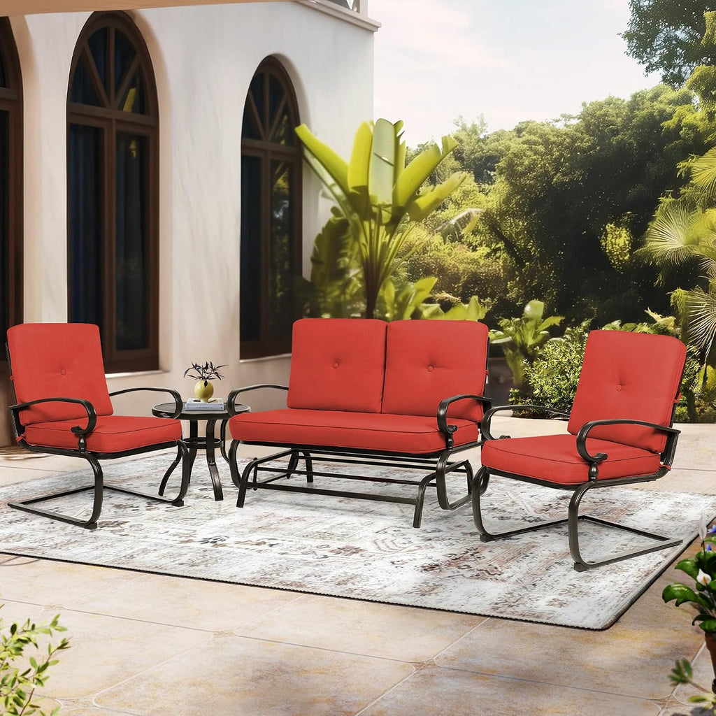 Incbruce 4Pcs Outdoor Metal Furniture Patio Conversation Sets (Glider, Bistro Table, 2 Spring Lounge Chairs) - Wrought Iron Outdoor Glider Chairs Sets (red)