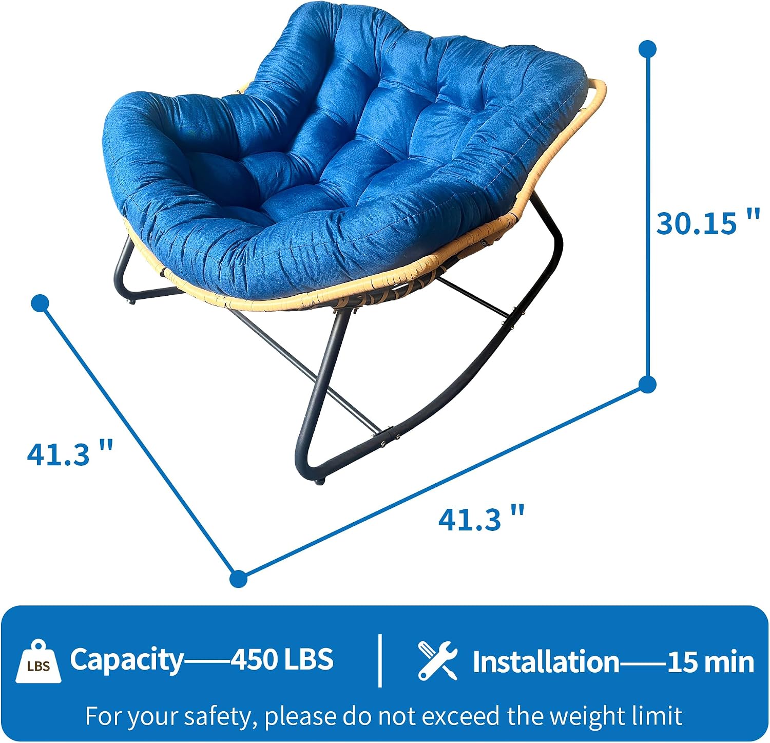 Outdoor Rocking Chair, Patio Egg Rocking Chair, Indoor Papasan Chair, Rattan Wicker Lounge Chair, Modern Royal Chair for Bedroom, Living Room, Porch, Garden,Lawn (41.3' Dark Blue)