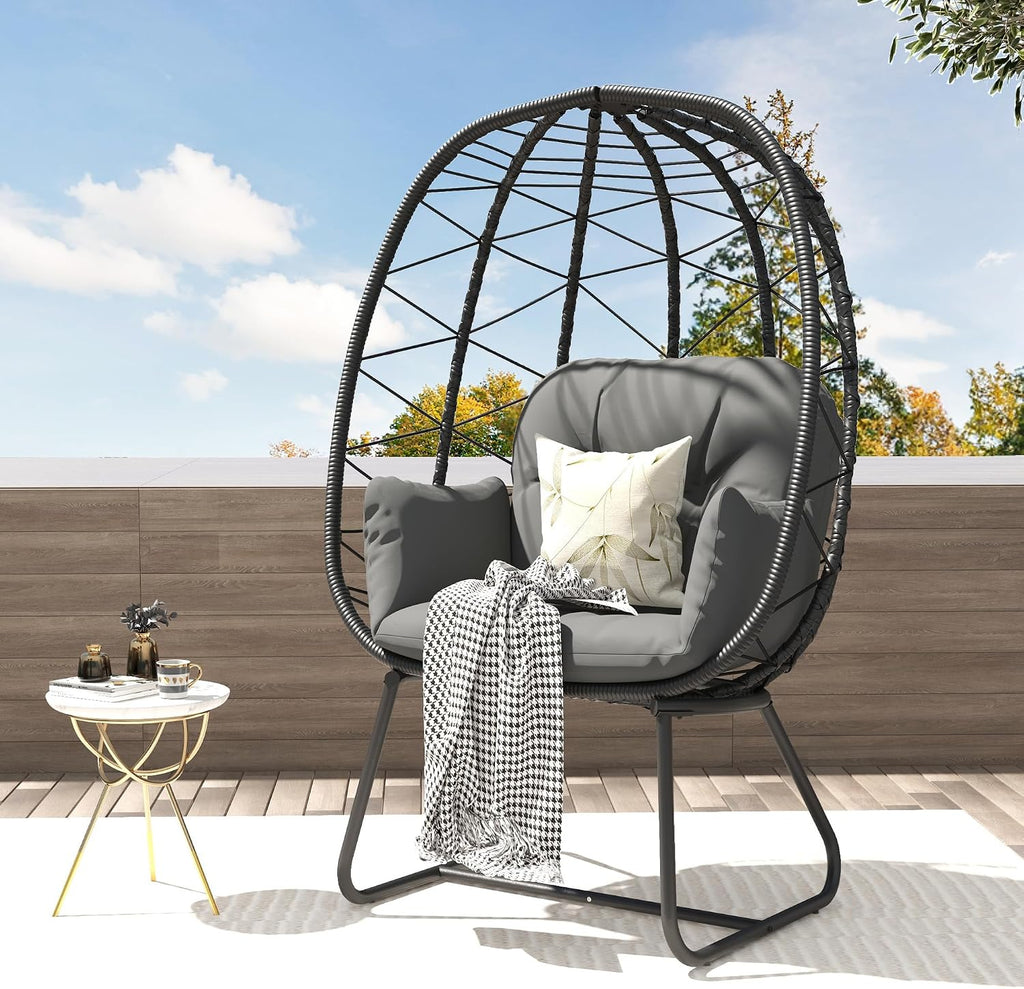 DWVO Egg Basket Chair Patio Chair with Stand Anti-Slip All-Weather Poratble Wicker Egg Lounger Chair for Indoor Outdoor 330LBS (Gray)