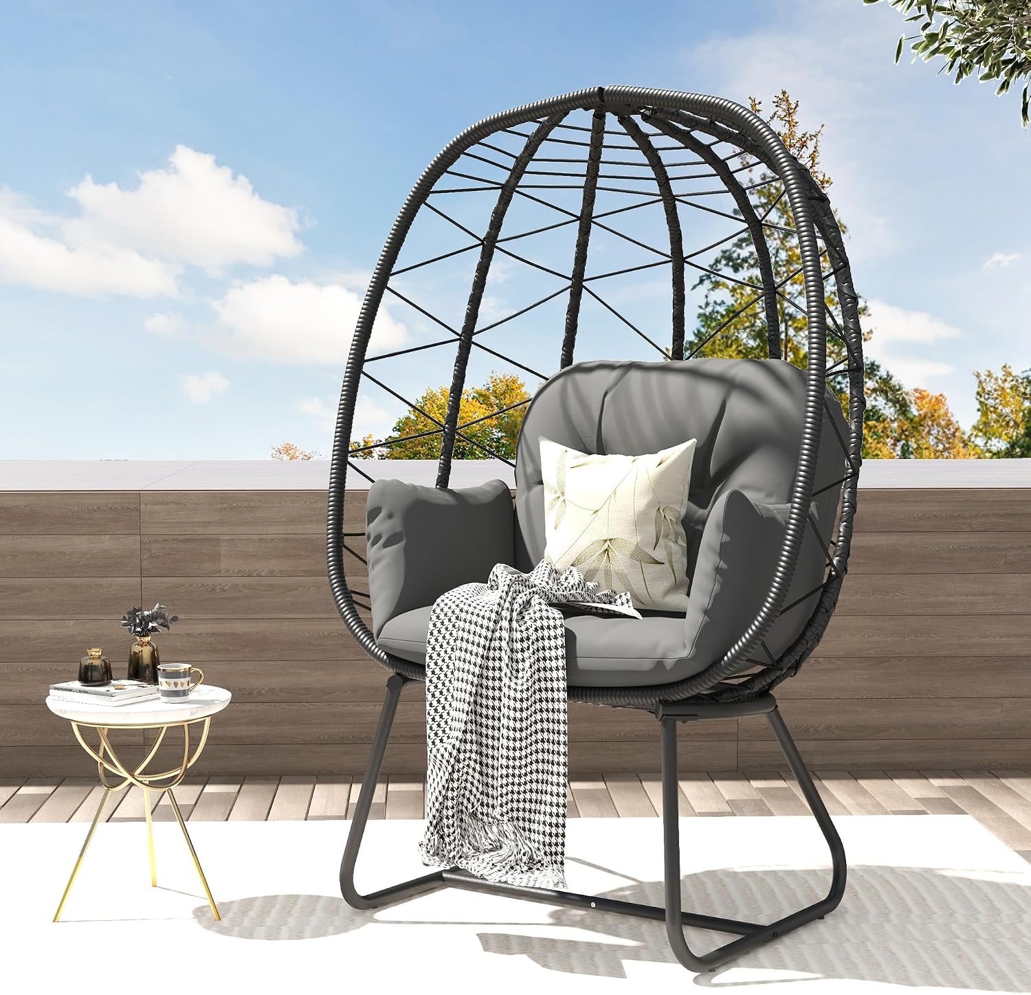 DWVO Egg Basket Chair Patio Chair with Stand Anti-Slip All-Weather Poratble Wicker Egg Lounger Chair for Indoor Outdoor 330LBS (Gray)