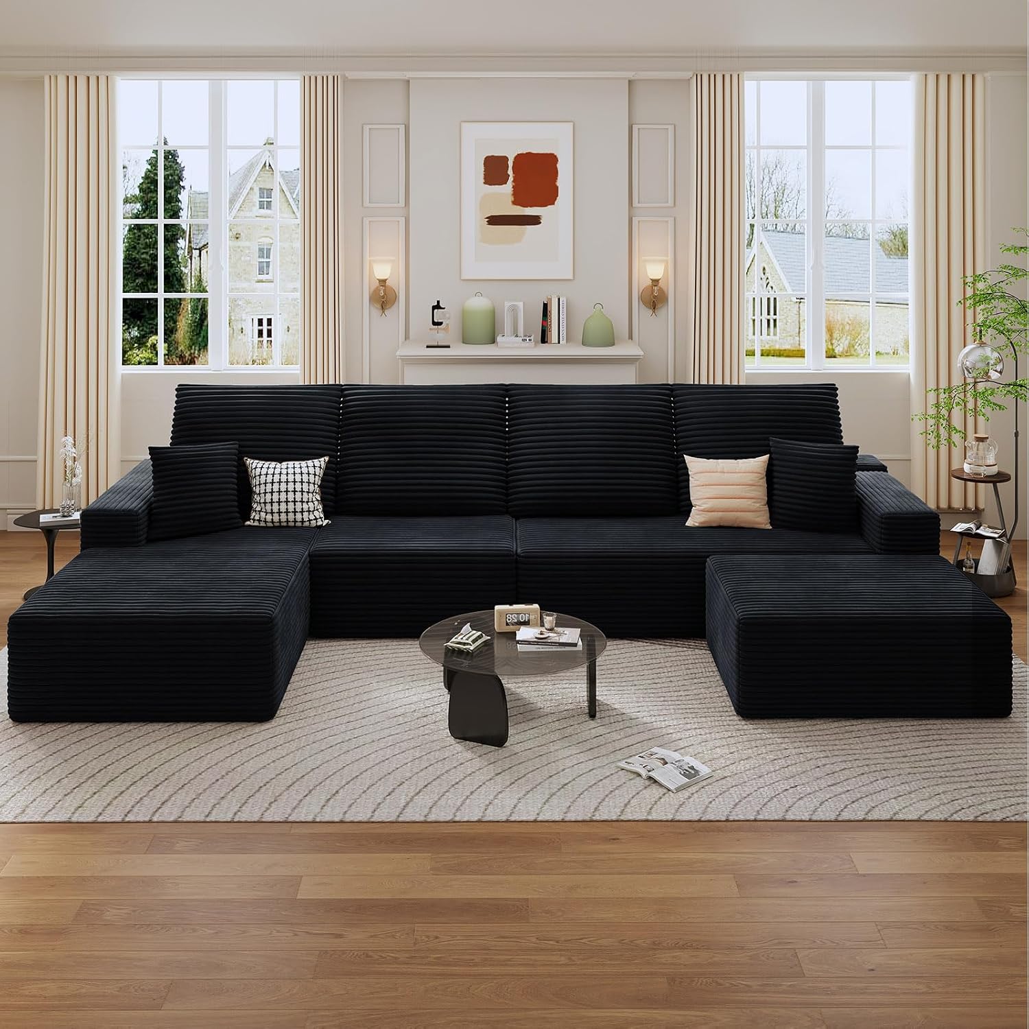 135' Cloud Sectional Couch with U-Shaped Chaise, Corduroy Sectional Sofa with Ottoman, Boneless Couch with Deep Seat in a Box for Living Room, No Assembly Required (Black, Left Facing Chaise)