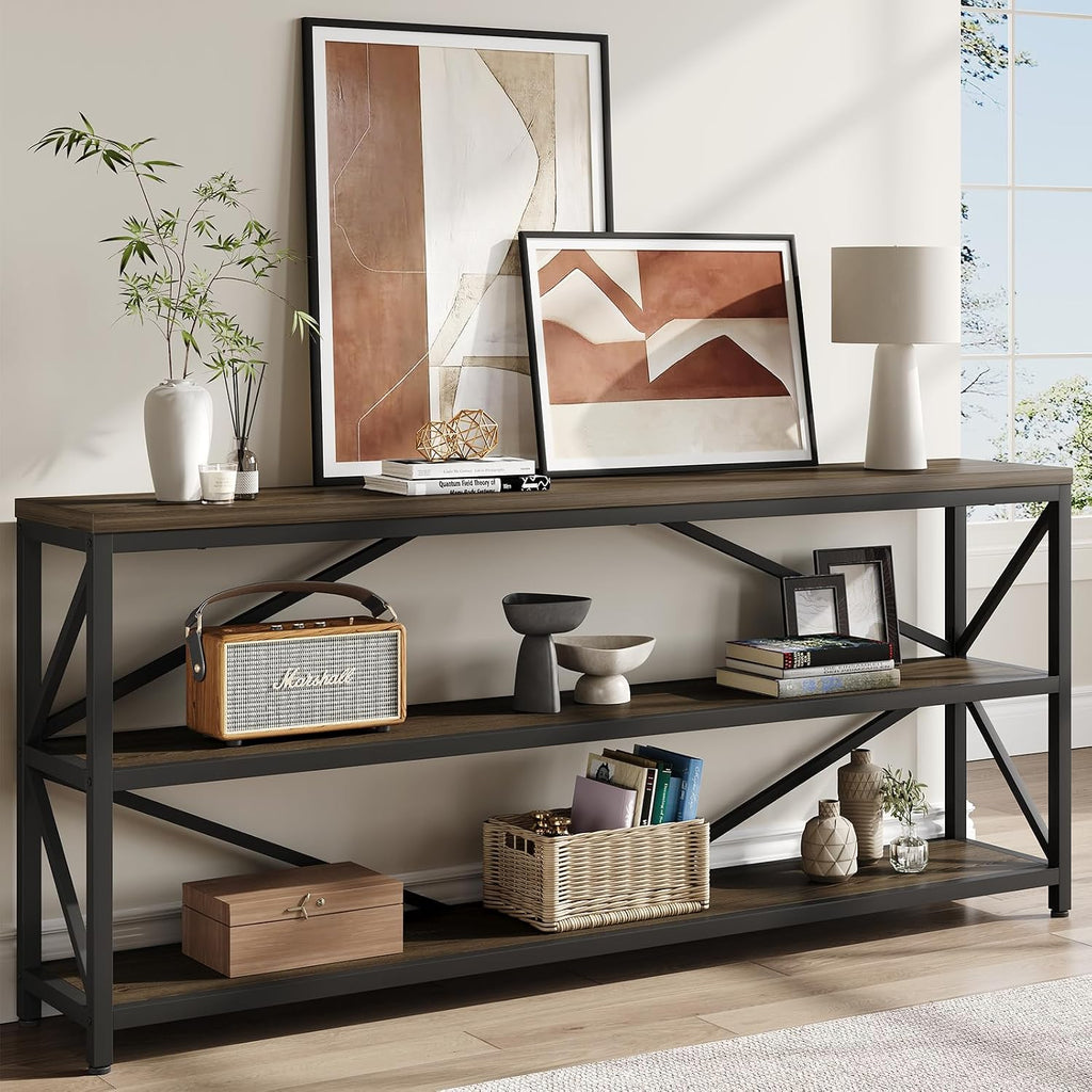 ONBRILL Industrial Console Sofa Table,70.8 Inch Extra Long Entryway Table with 3 Tier Wood Storage Shelf for Living Room, Hallway, Entrance, Narrow Sofa Table with Metal Frame, Black and Brown