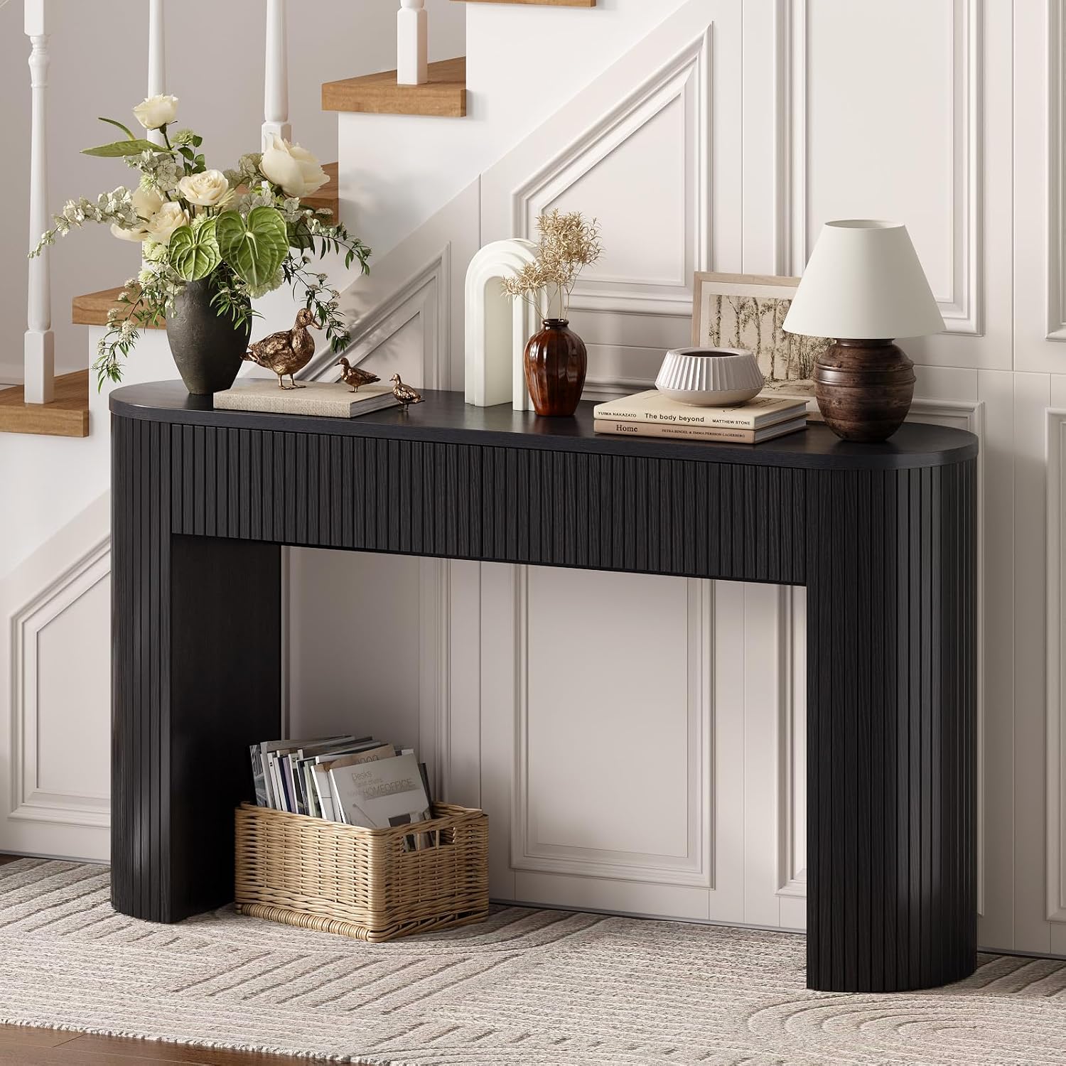 55 Inch Console Table with 2 Drawers, Fluted Entryway Tables with Storage, Sofa Table Behind The Couch, Hallway Tables, Mid-Century Modern Foyer Table for Entryway, Hallway, Living Room, Black