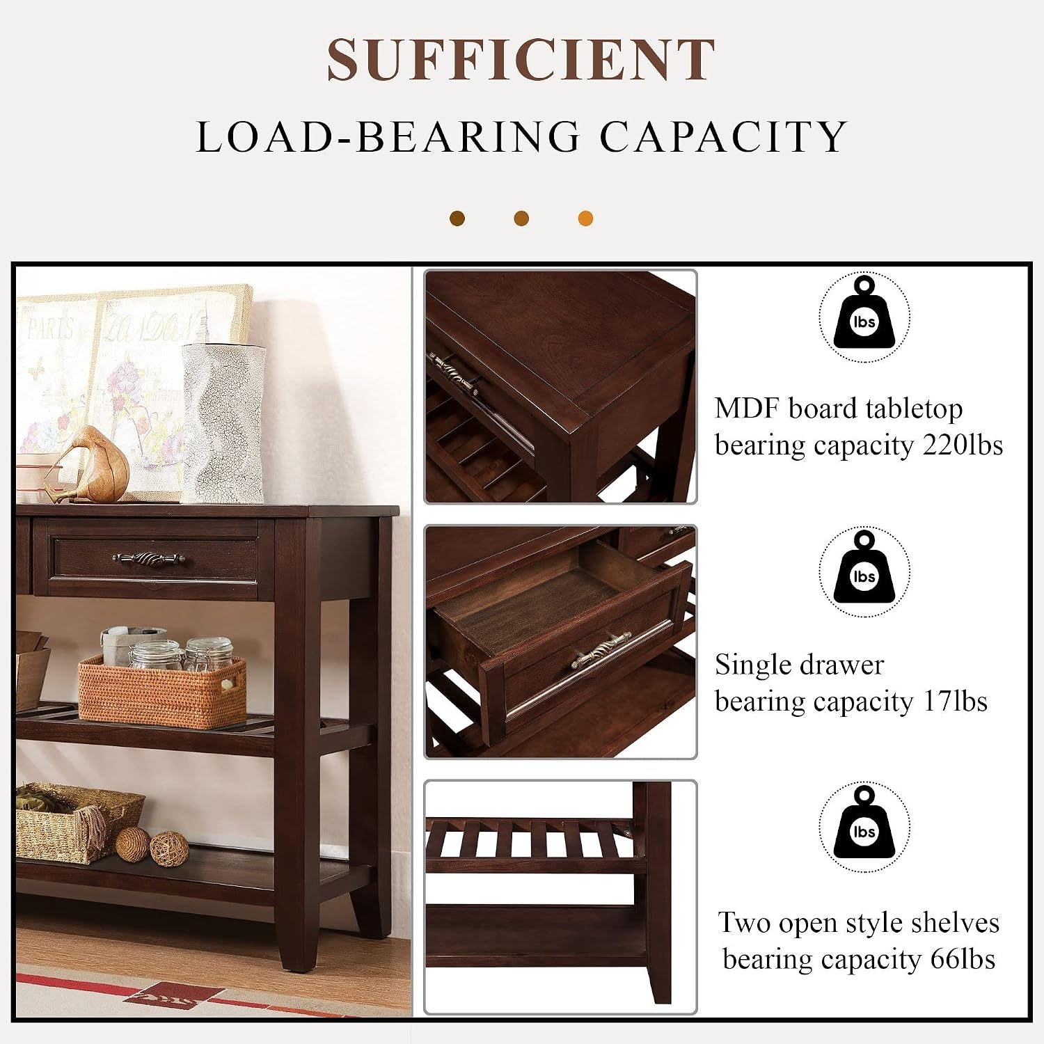 LKTART Solid Wood Console Table Sofa Tables with Drawers and Shelves Small Entryway Table for Living Room,Behind the Couch Table,Foyer(42' Espresso)