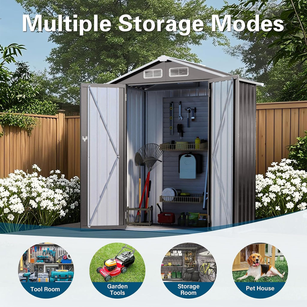 Outdoor Storage Shed 5 x 3 FT Metal Tool Shed with Peaked Roof, Compact Metal Garden Shed Anti-Corrosion Storage House with Lockable Door for Backyard, Patio, Sundries, Gray (Peaked roof)