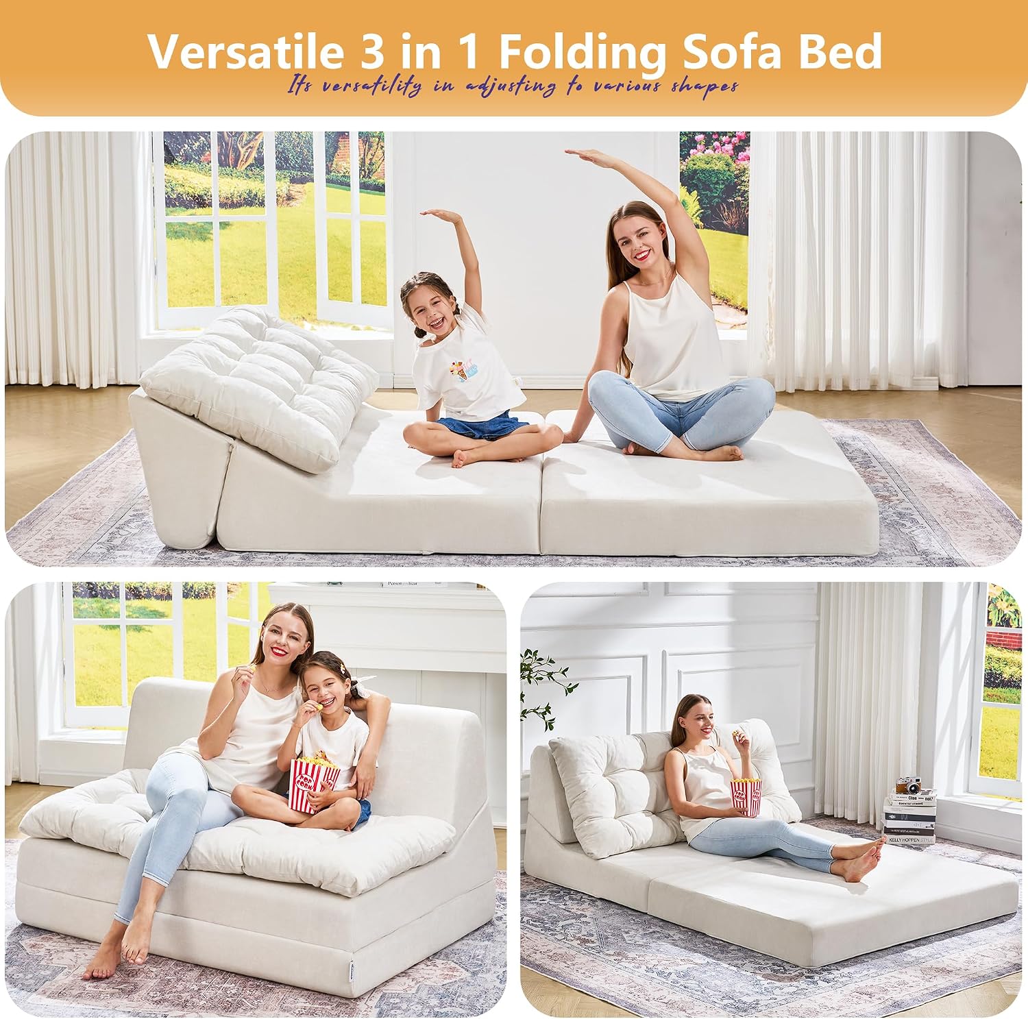 Hobestluk Sofa Couch Folding Sofa Bed Sleeper Comfy Floor Lounger Loveseat Sofa with Removable Cushion Couches Foldable Mattress for Living Room Bedroom or Office (Chenille Beige, Oversize)