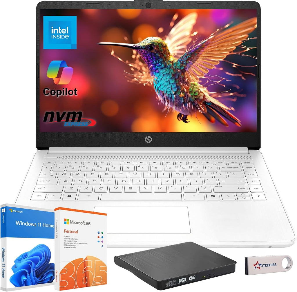 HP 14' Laptop for Student Business, Intel CPU, Light & Slim, Fast, 1-Year Office 365, 16GB RAM, 64GB eMMC, with Portable Accessories, 4K Graphics, Windows 11S, Snowflake White