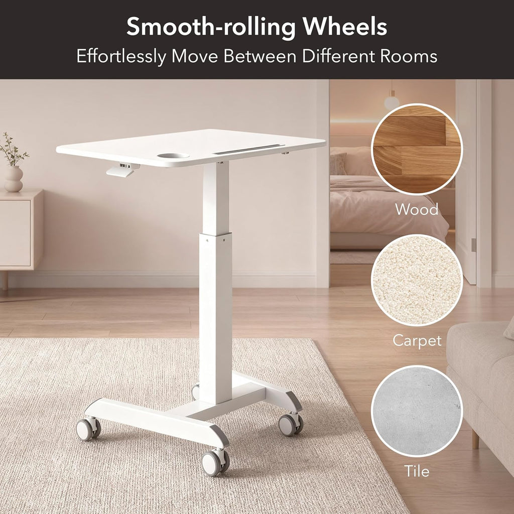 Mount-It! Laptop Cart Rolling Desk Adjustable Height with 28.5' x 22' Tabletop, Ergonomic Sit-Stand Workstation on Wheels Portable for Home Office, Dorm, Classroom, White