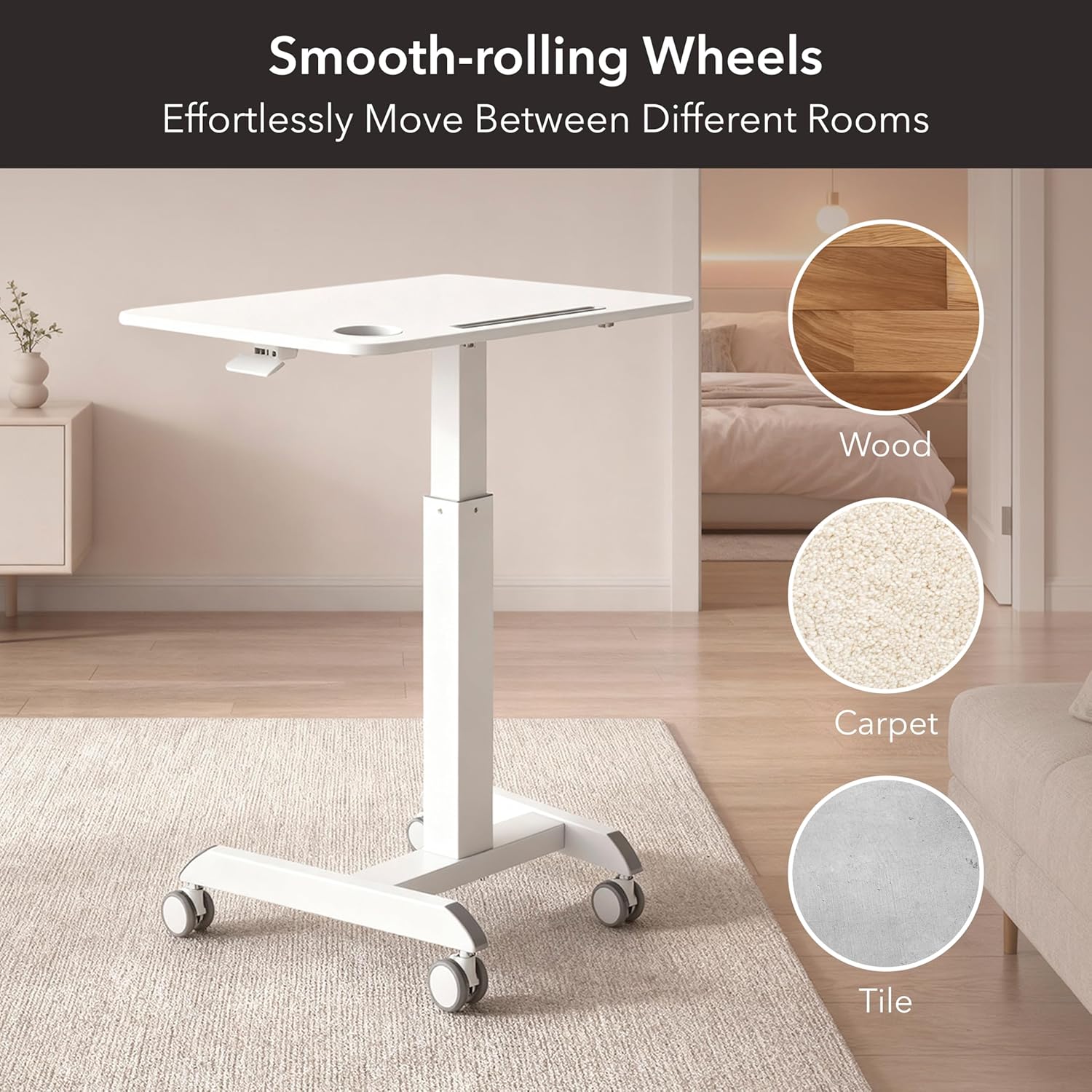 Mount-It! Laptop Cart Rolling Desk Adjustable Height with 28.5' x 22' Tabletop, Ergonomic Sit-Stand Workstation on Wheels Portable for Home Office, Dorm, Classroom, White