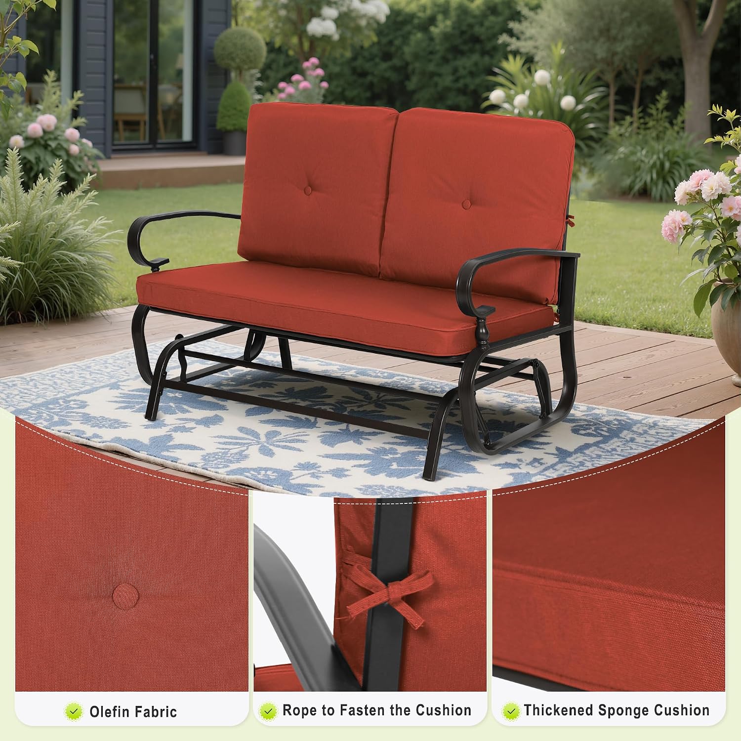 SUNCROWN Outdoor Swing Glider Chair, Patio 2 Seats Loveseat Rocking Chair with Cushions, Steel Frame Furniture-Red