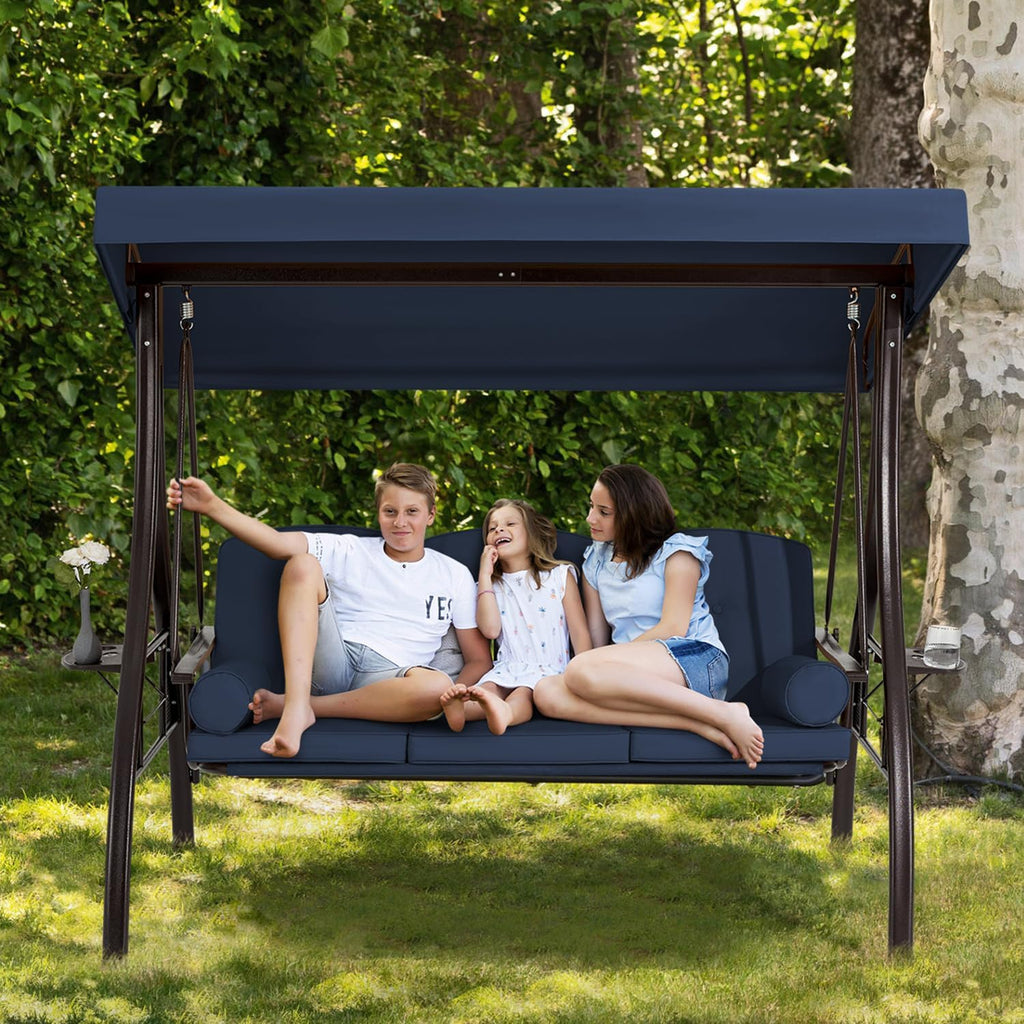 HOMREST 3 Person Outdoor Porch Swing with 1.5' Upgraded Cup Holder, Adjustable Canopy, Backrest, Patio Swing Bed with Weather Resistant Steel Frame, Cushions for Garden,Deck and Poolside(Blue)