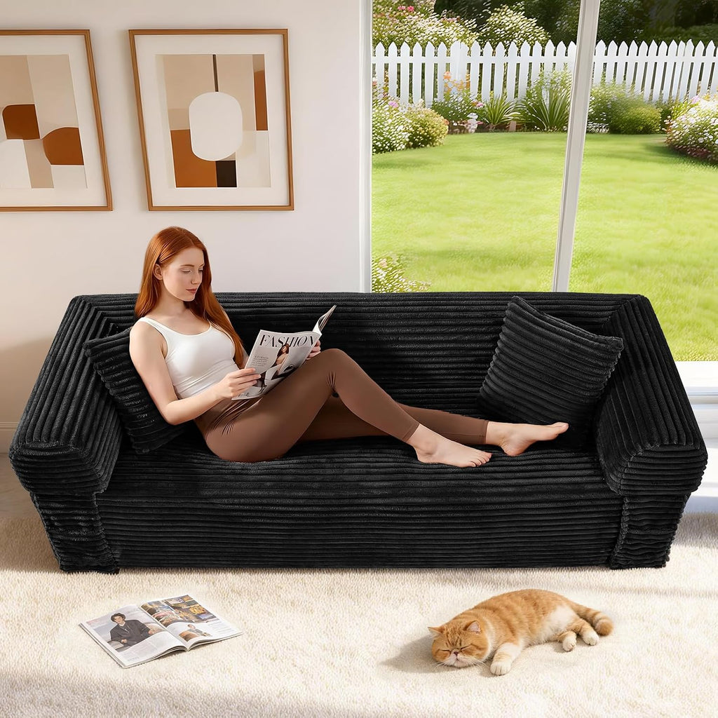 3 Seater Sofa Couch for Living Room (Black, 30' D + 2 Pillows +Fixed-Shape Frame)