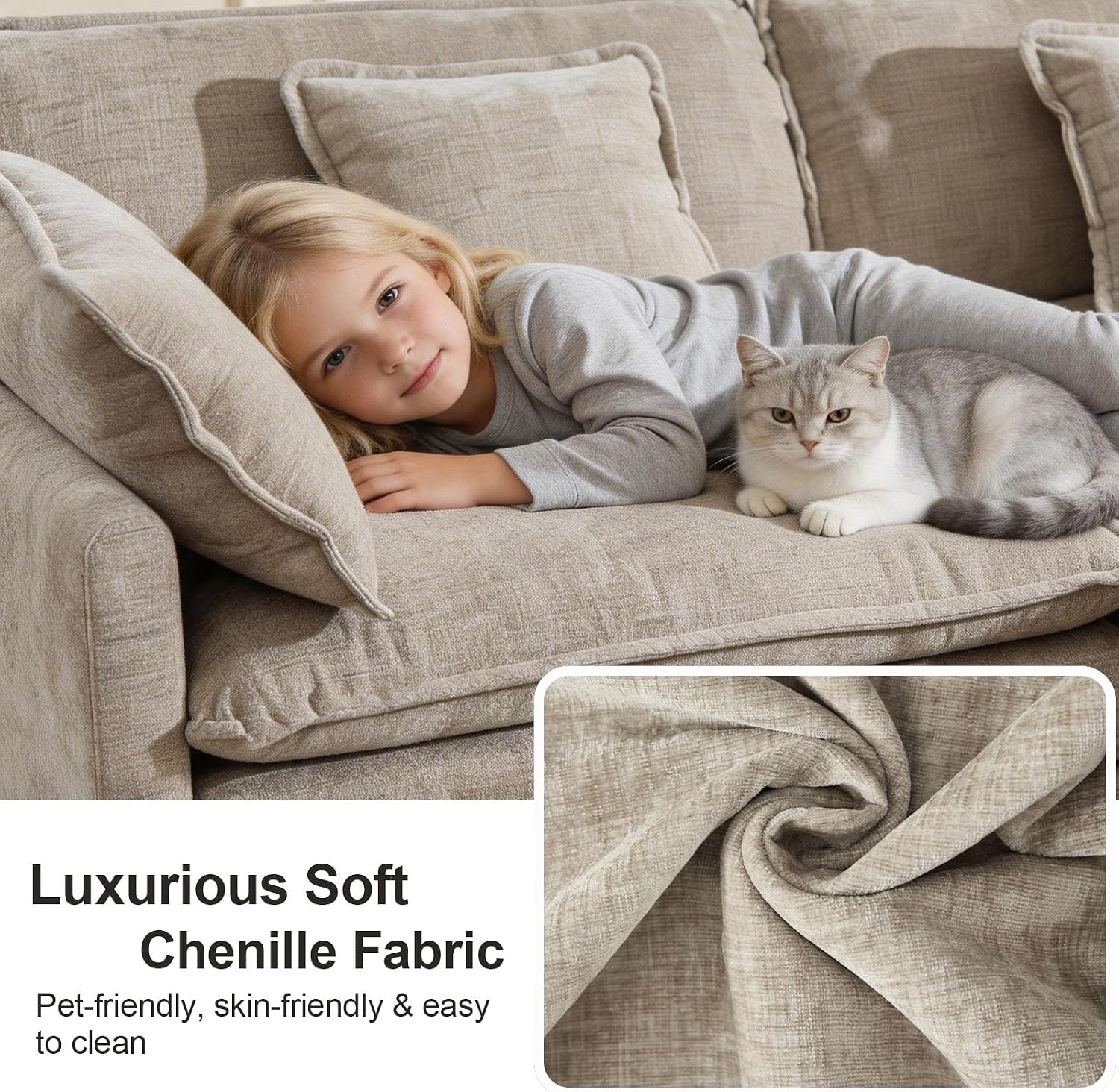 GNIXUU 76.7' Cloud Sofa Couch, Modern Chenille Deep 2 Seater Loveseat with Moveable Ottoman and 4 Pillows, Comfy Modular L Shaped Couches for Small Living Room, Apartment, Studio, Office, Camel