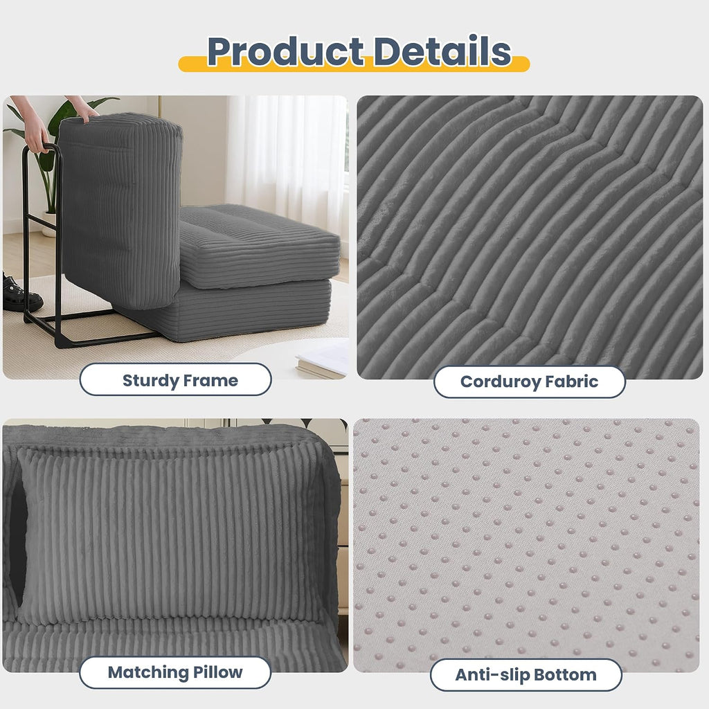 Single Convertible Sofa Bed with Fixed Frame & Thickened Cushion, Boneless Couch Folding Chair Bed with 5-Position Adjustable Backrest, Pull-Out Futon with Pillow for Small Spaces, Apartment,Grey