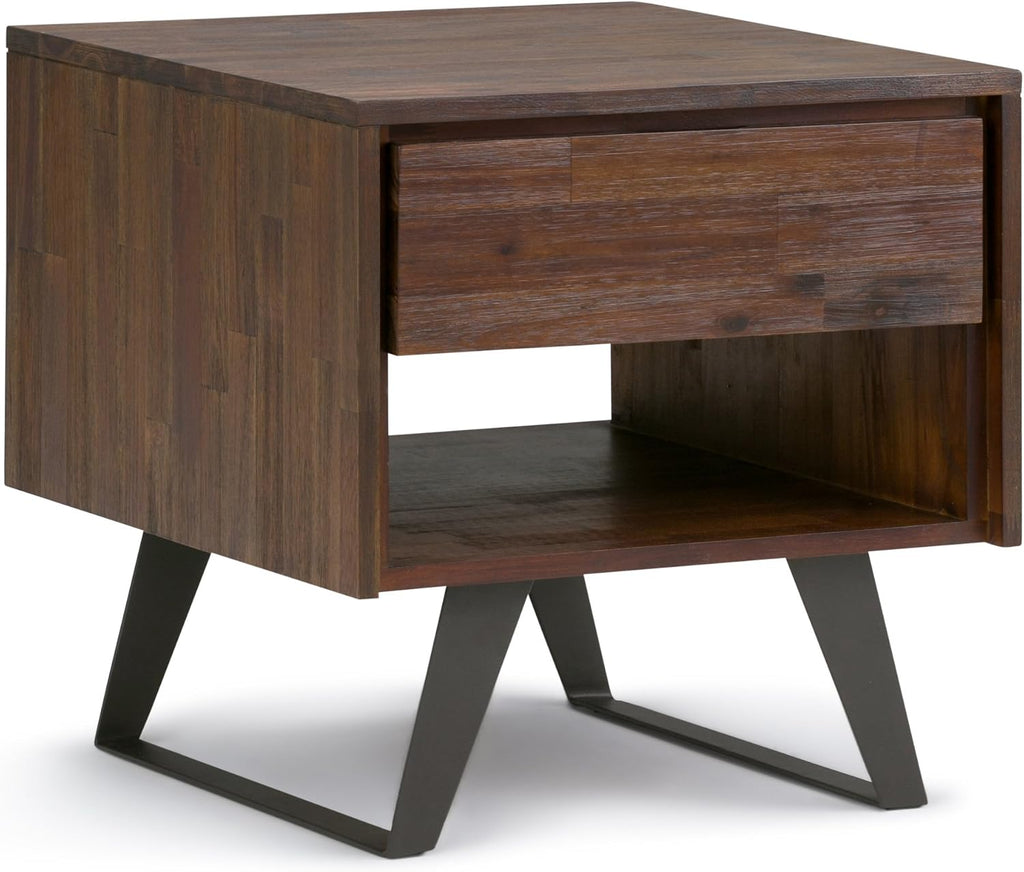 SIMPLIHOME Lowry End Table - 22 inch Wide Solid Acacia Wood Square Accent Table with Drawer and Open Shelf in Distressed Charcoal Brown, Modern Industrial Lamp Stand with Angled Legs for Living Room