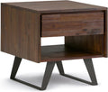 SIMPLIHOME Lowry End Table - 22 inch Wide Solid Acacia Wood Square Accent Table with Drawer and Open Shelf in Distressed Charcoal Brown, Modern Industrial Lamp Stand with Angled Legs for Living Room