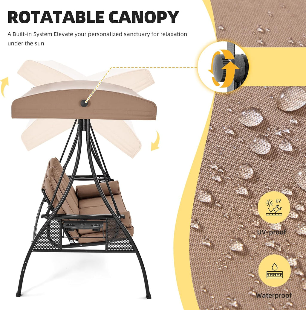 HOMREST 3 Person Outdoor Porch Swing with 1.5' Upgraded Cup Holder, Adjustable Canopy, Backrest, Patio Swing Bed with Weather Resistant Steel Frame, Cushions for Garden,Deck and Poolside(Brown)