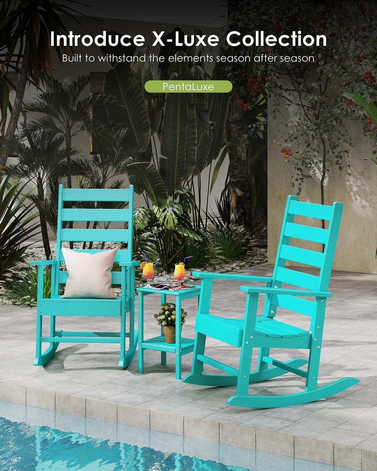 GREENVINES Outdoor Rocking Chairs Set of 2 | HDPE Plastic | Patio-Rocker-Chair | Porch Rocker | Shaker | Oversized | High Ladder Back | Big and Tall | PentaLuxe | Aqua