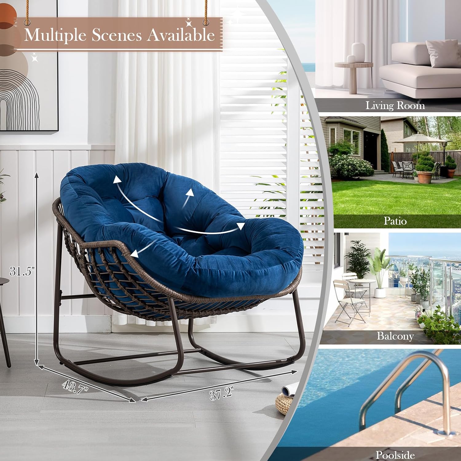 Outdoor Rocking Chair, Indoor Rattan Rocker Egg Chair, Comfy Oversized Papasan Chair with Thicker Cushion for Patio, Front Porch, Backyard, Garden, Balcony, Lounge, Living Room, Patio,Navy