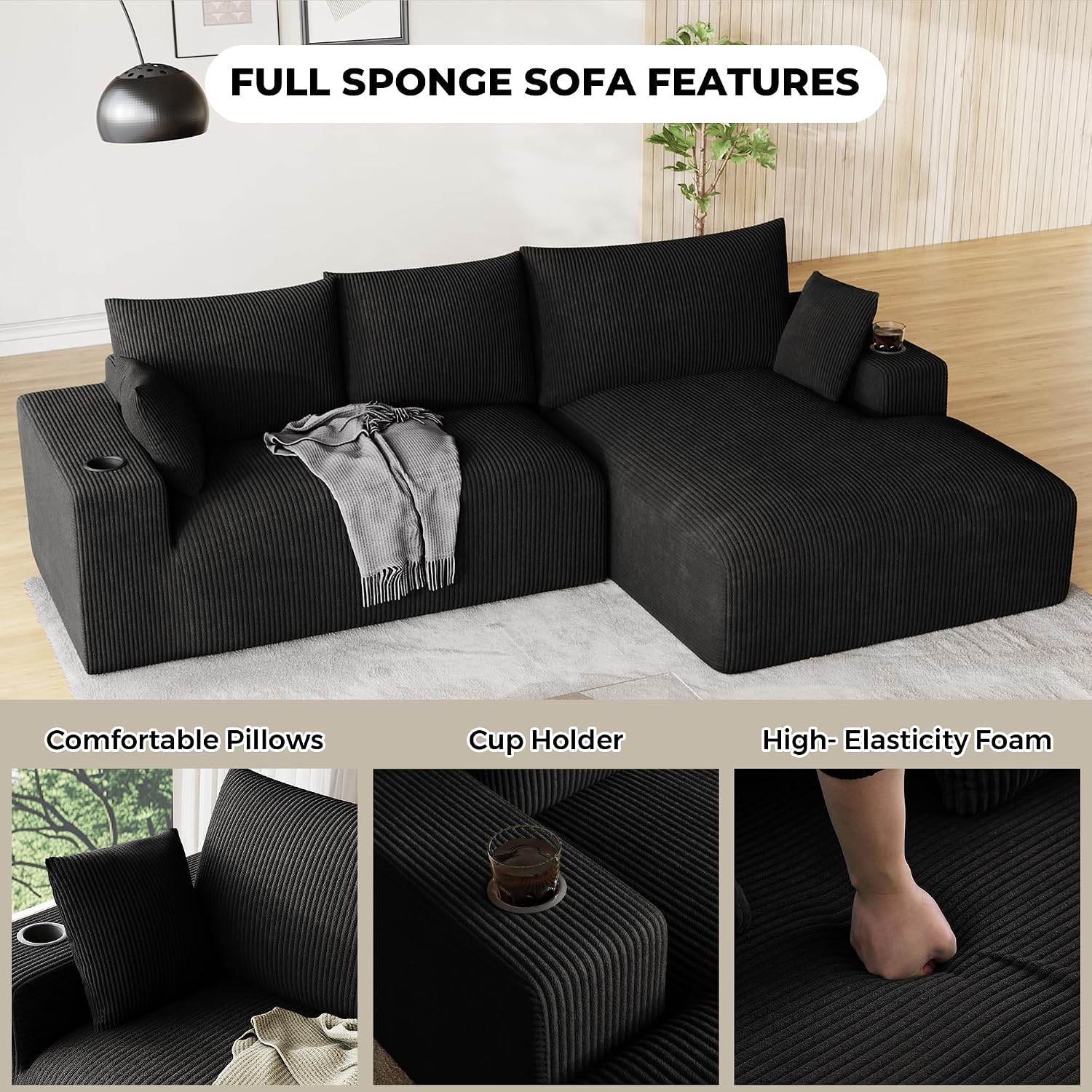 Oversized L Shaped Boneless Couch with Wide Right-Facing Chaise, 113' Fluffy Cloud Sectional Couches for Living Room, Plush Corduroy Memory Foam Modular Sectional Sofa with Cup Holder, Black