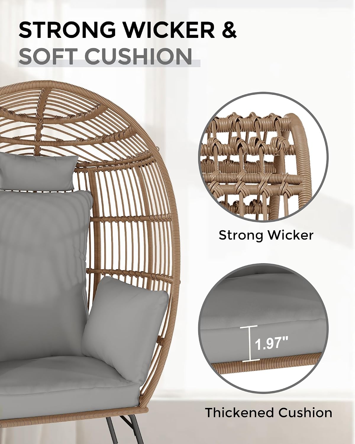GarveeLife Oversize Wicker Egg Chair with Ottoman, Egg Shaped Lounge Chair with Thick Cushion, Comfy Egg Rattan Seat for Indoor Outdoor Patio Porch Backyard, Grey