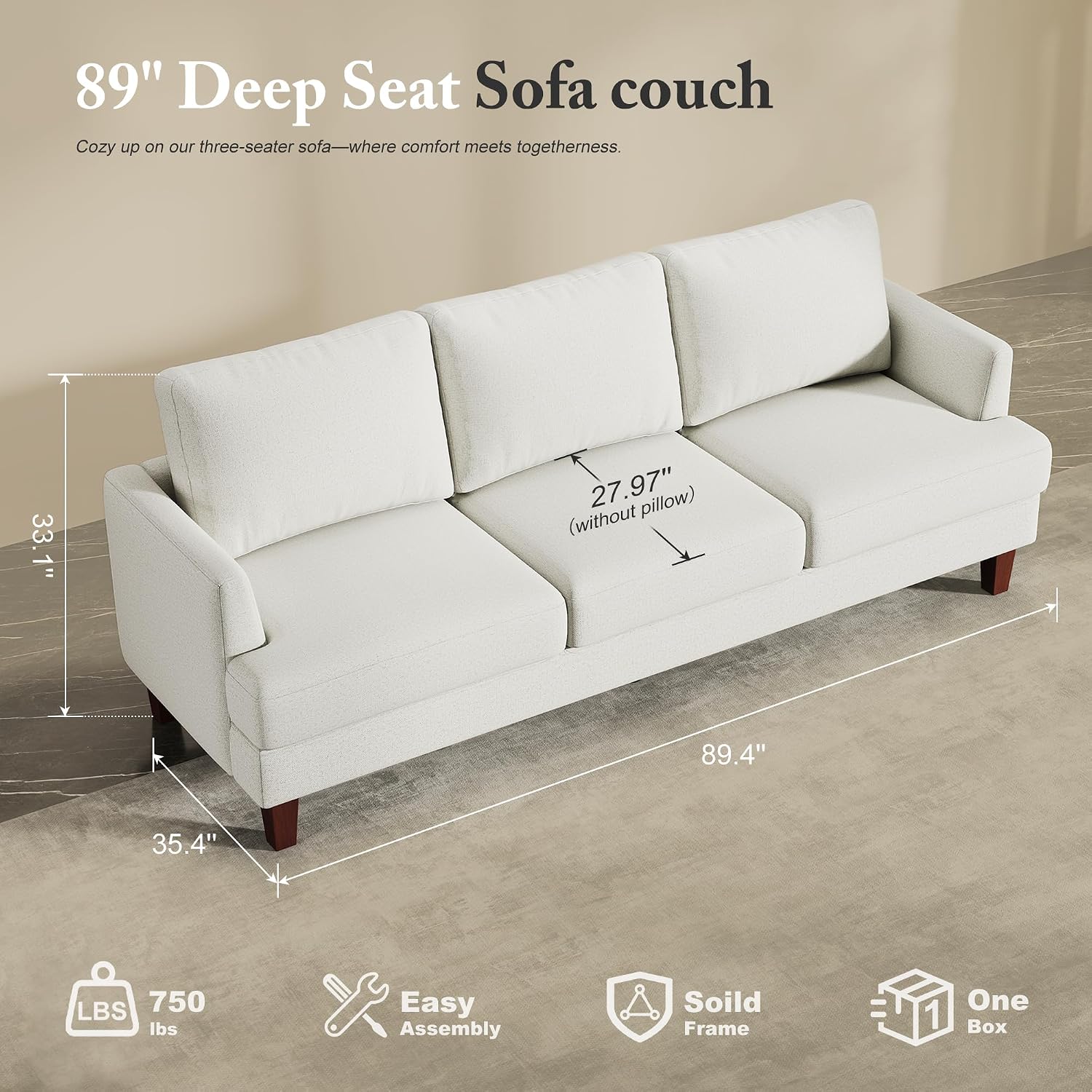 Busaurus 3 Seater Sofa Couch with Deep Seats, 89' Mid Century Modern Upholstered Sofa with Armrests, Comfy Couches for Living Room, Bedroom, Apartment and Office (Beige)