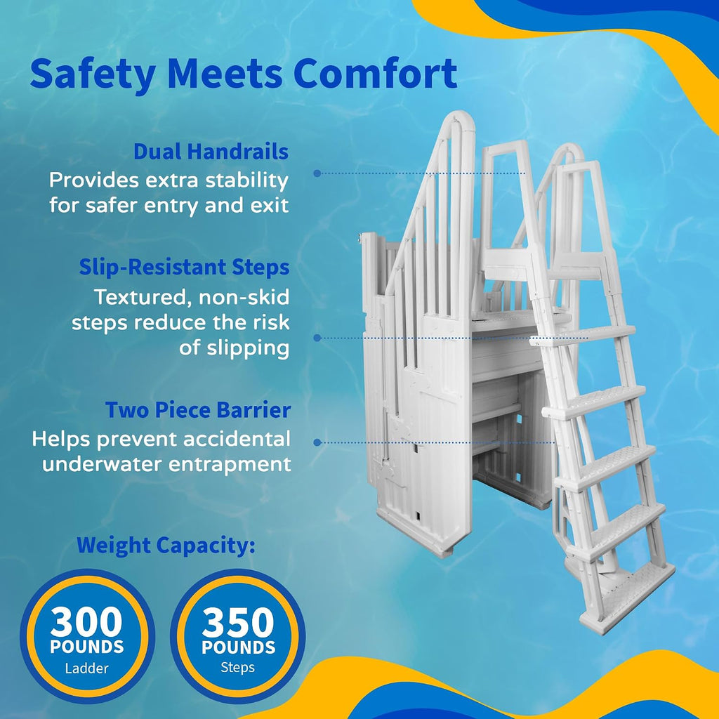 Blue Wave Easy Pool Entry System for 48 to 54-in Deep Above Ground Pools – Secure Pool Steps & Ladder Set w/Lockable Gate, Rust-Resistant Vinyl, Handrails, Anti-Entrapment Barrier – 350-lbs Cap.
