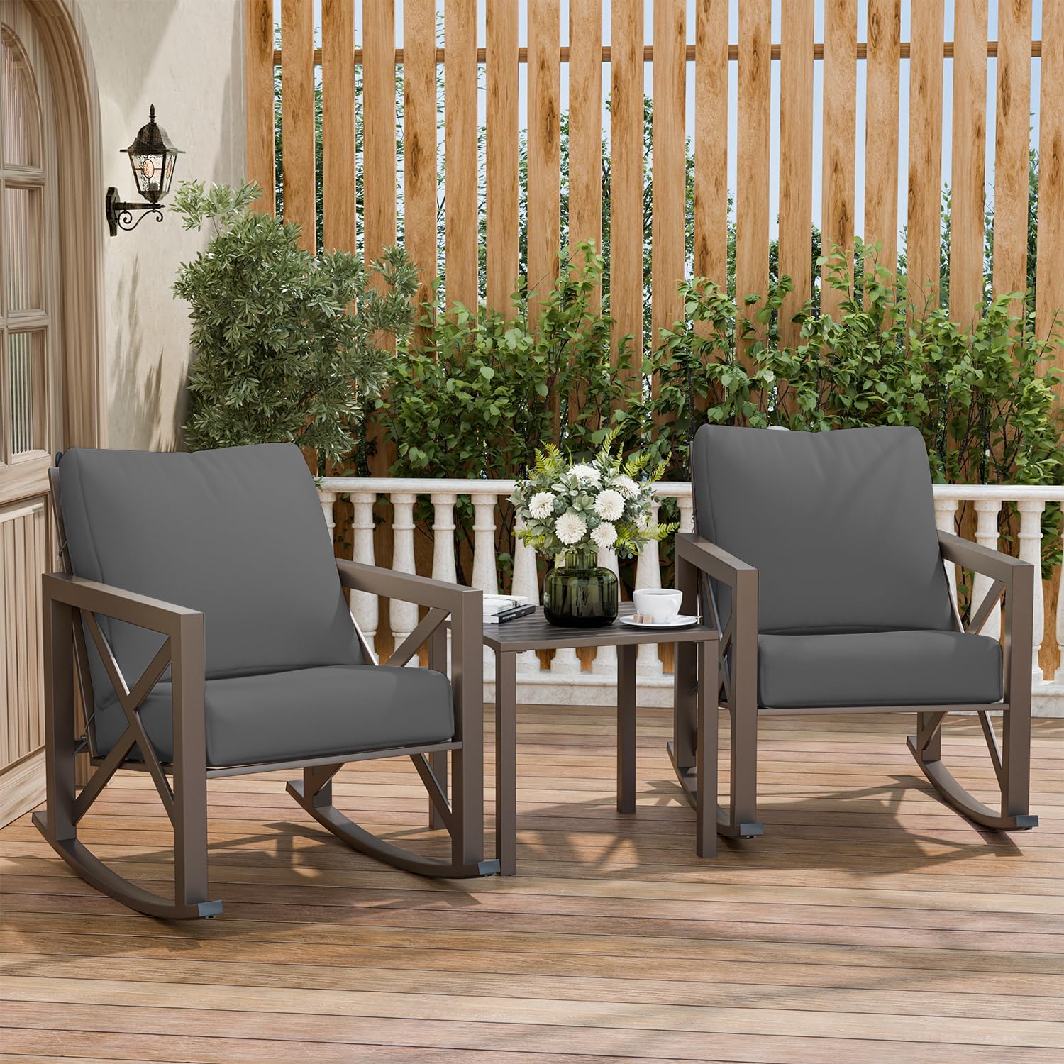 Outdoor Rocking Bistro Set, Patio Rocking Chairs Set of 2 with Coffee Table, 3 Pieces Metal Conversation Sets with 6.5' Thick Cushions for Backyard, Porch, Poolside, Oversized (Gray)