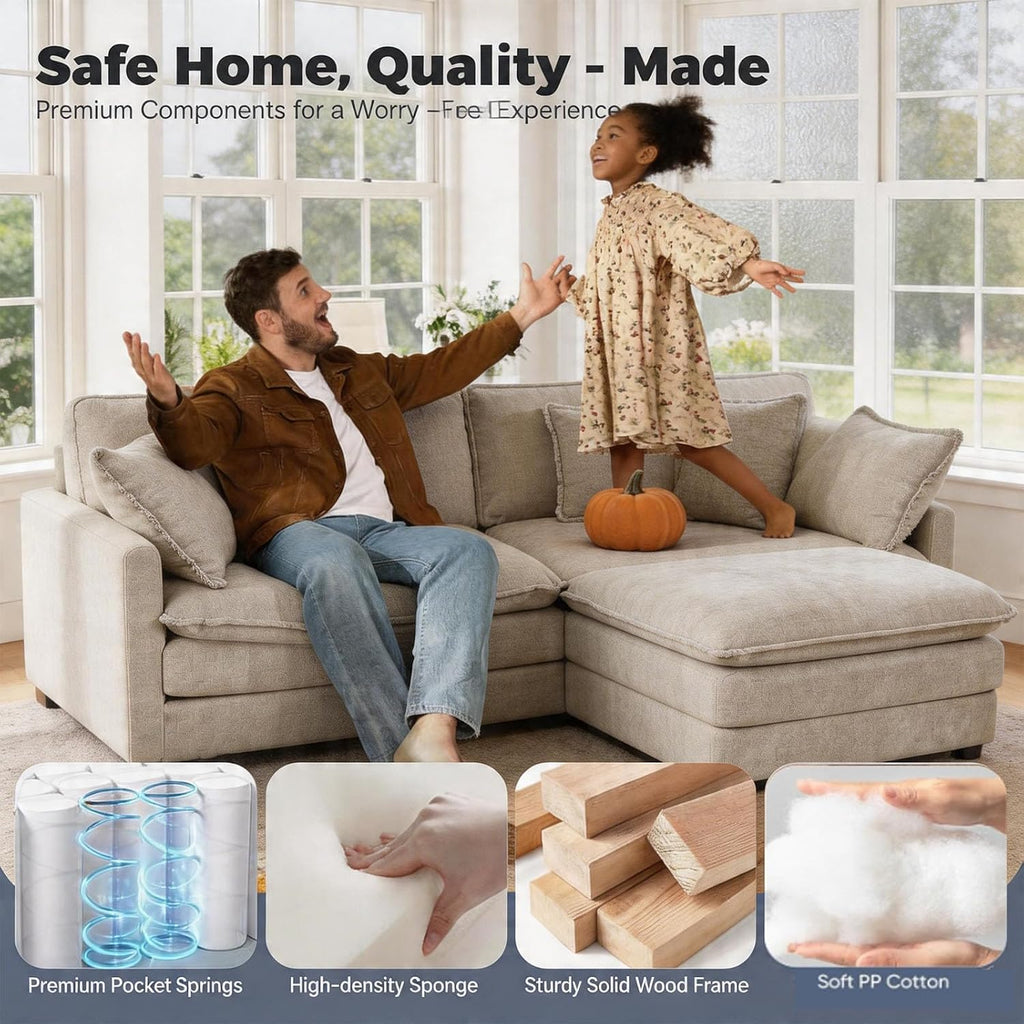 GNIXUU 76.7' Cloud Sofa Couch, Modern Chenille Deep 2 Seater Loveseat with Moveable Ottoman and 4 Pillows, Comfy Modular L Shaped Couches for Small Living Room, Apartment, Studio, Office, Camel