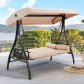 HOMREST 3 Person Outdoor Porch Swing with 1.5' Upgraded Cup Holder, Adjustable Canopy, Backrest, Patio Swing Bed with Weather Resistant Steel Frame, Cushions for Garden,Deck and Poolside(Khaki)