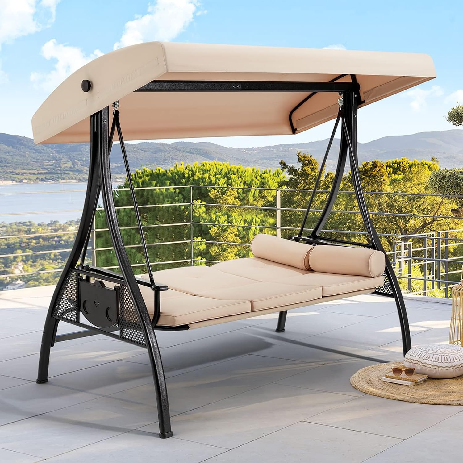 HOMREST 3 Person Outdoor Porch Swing with 1.5' Upgraded Cup Holder, Adjustable Canopy, Backrest, Patio Swing Bed with Weather Resistant Steel Frame, Cushions for Garden,Deck and Poolside(Khaki)