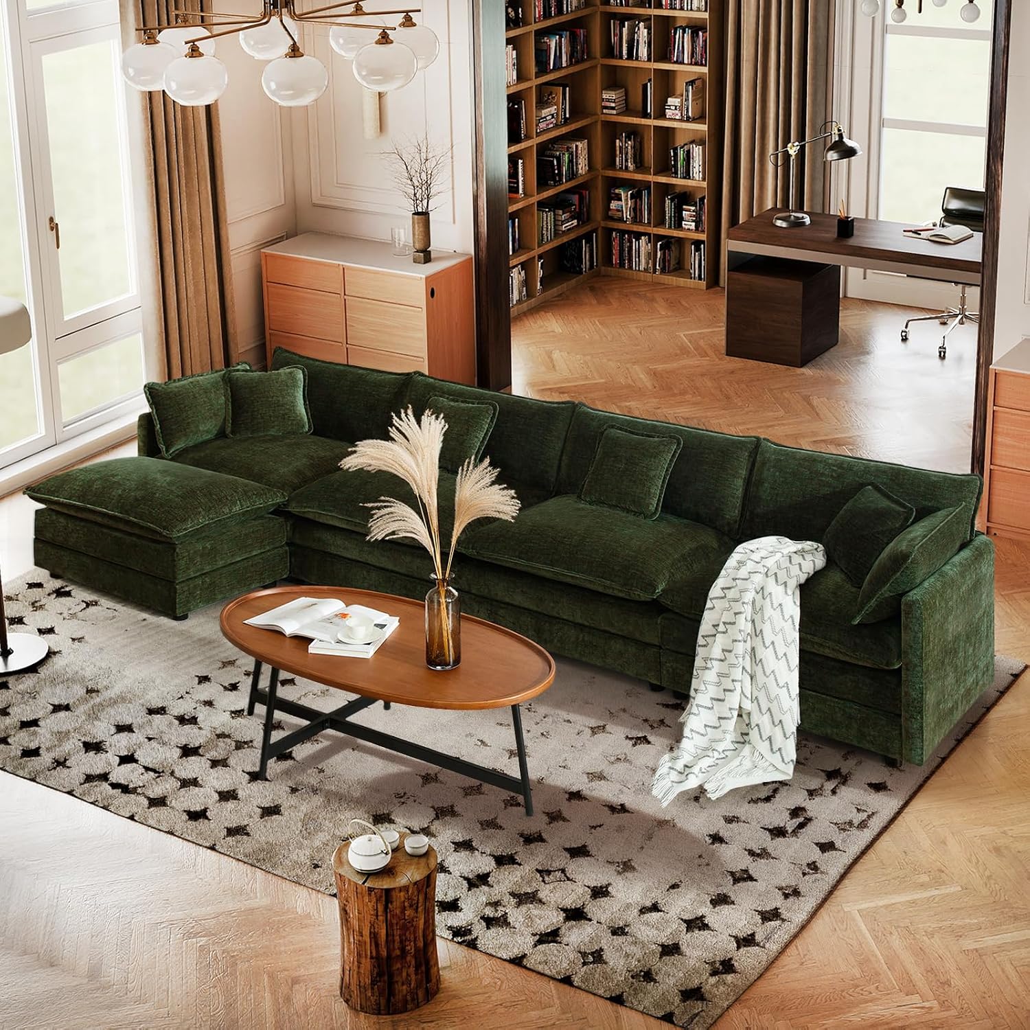 SoarFlash Chenille Sectional Sofa, Comfy L Shaped Modular Coush Sofa with Ottoman, Modern 4 Seat Couch Deep Seat Sofa Set for Living Room,Green