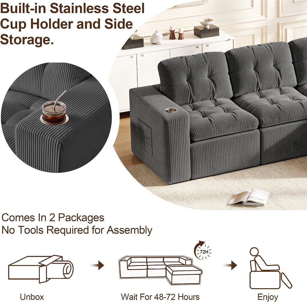 105' Modular Sectional Sofa, Cloud Sectional Couch with Deep Seat, Modern Corduroy Comfy L Shaped Couch with Chaise, Boneless Couches for Living Room Bedroom (Dark Gray)