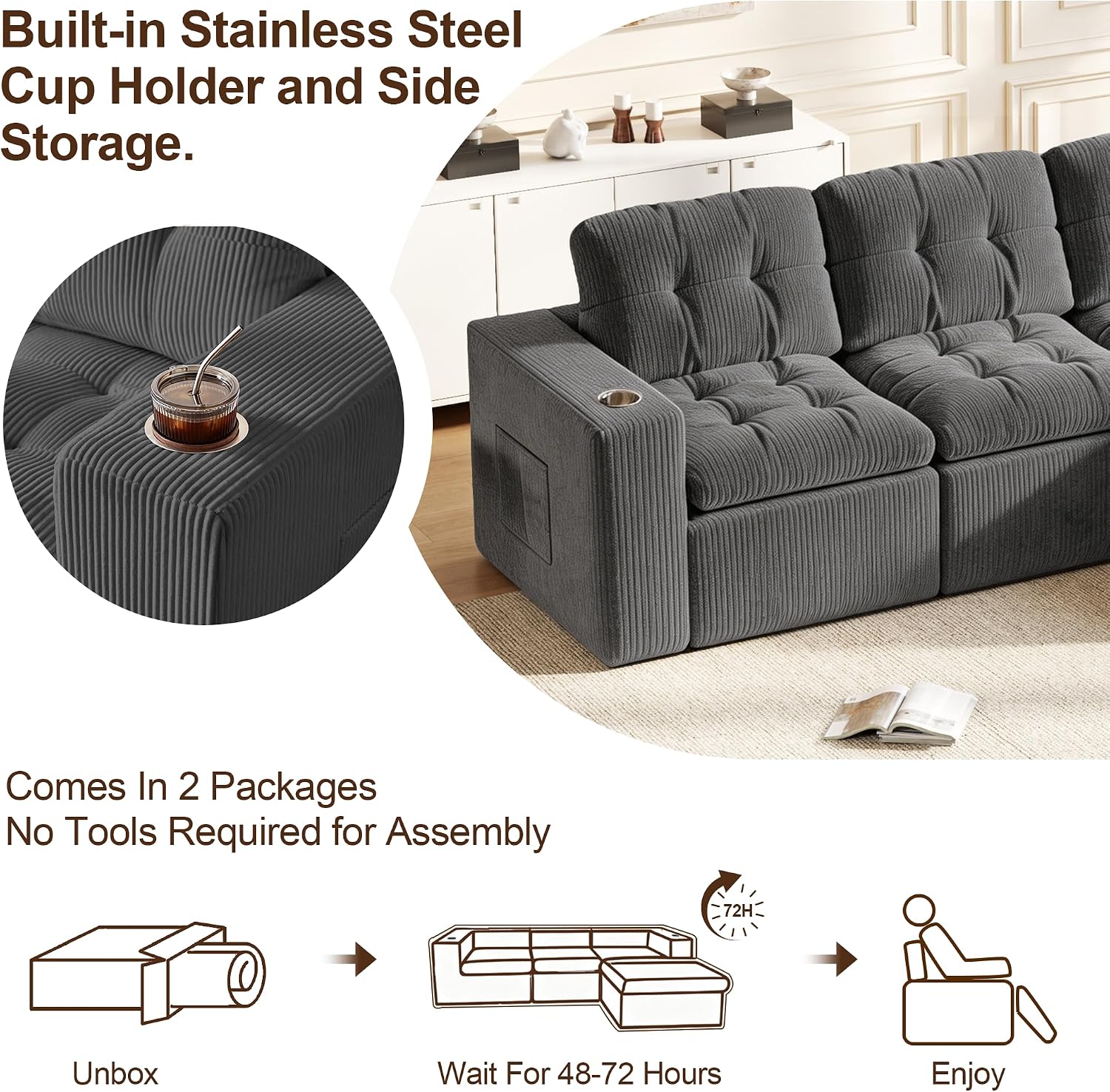 105' Modular Sectional Sofa, Cloud Sectional Couch with Deep Seat, Modern Corduroy Comfy L Shaped Couch with Chaise, Boneless Couches for Living Room Bedroom (Dark Gray)